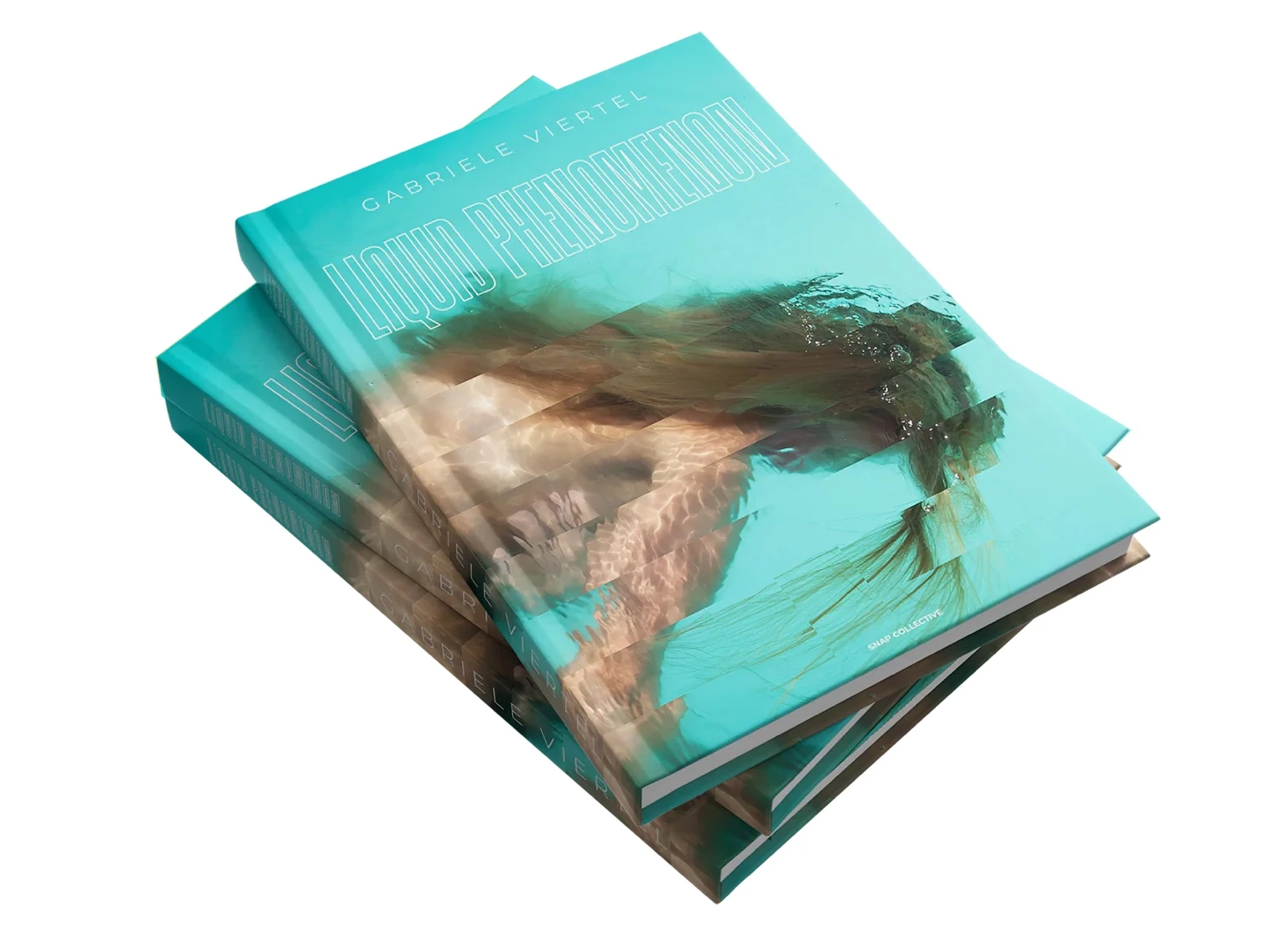 Stack of Liquid Phenomenon photobooks by Gabriele Viertel with a submerged female figure on the turquoise cover.