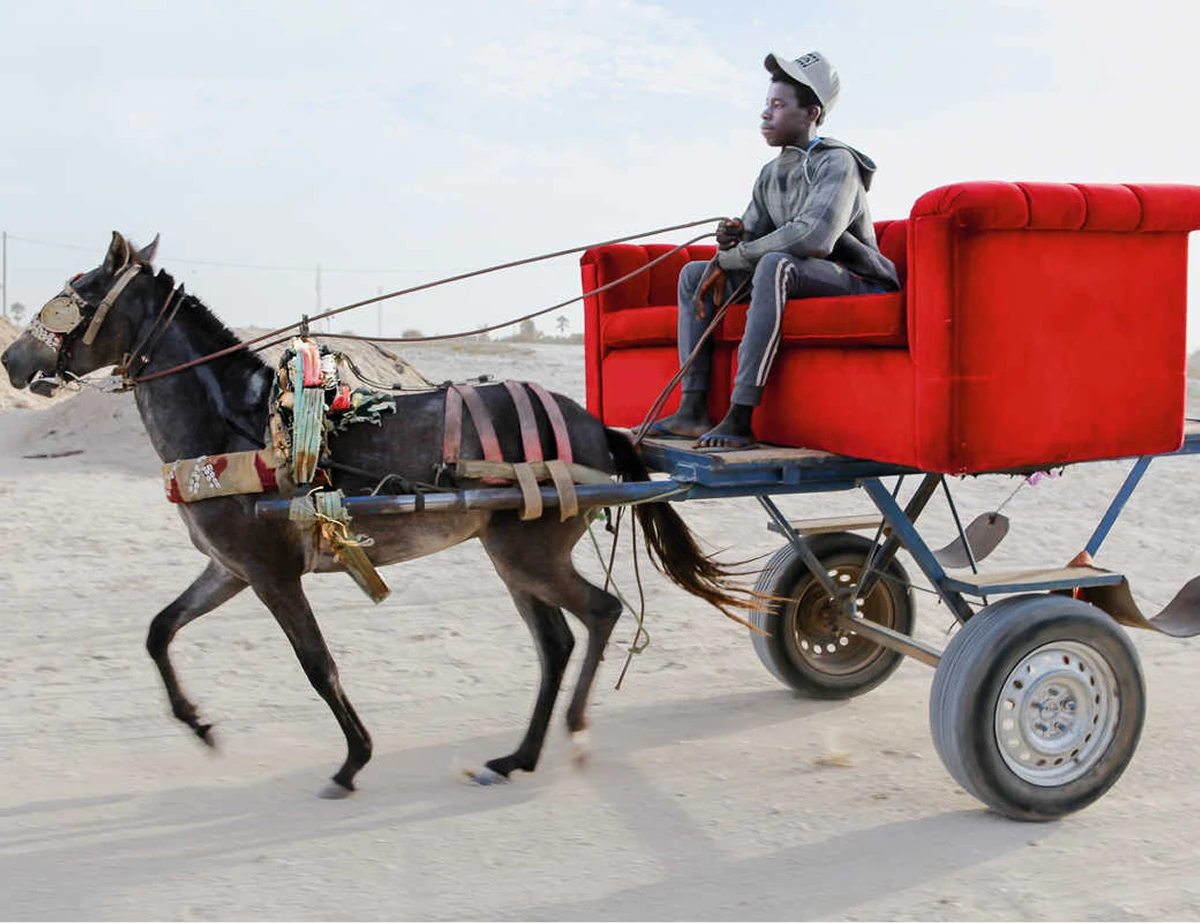 Red couch mounted on a horse-drawn cart moving through a sandy landscape, photographed by Horst Wackerbarth for The Red Couch project.
