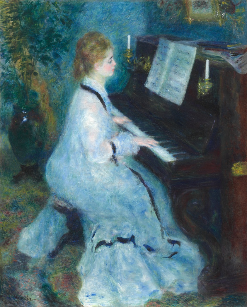 An impressionist painting depicting a young woman playing the piano in a softly lit interior, capturing the intimacy and emotional depth of instrumental music.
