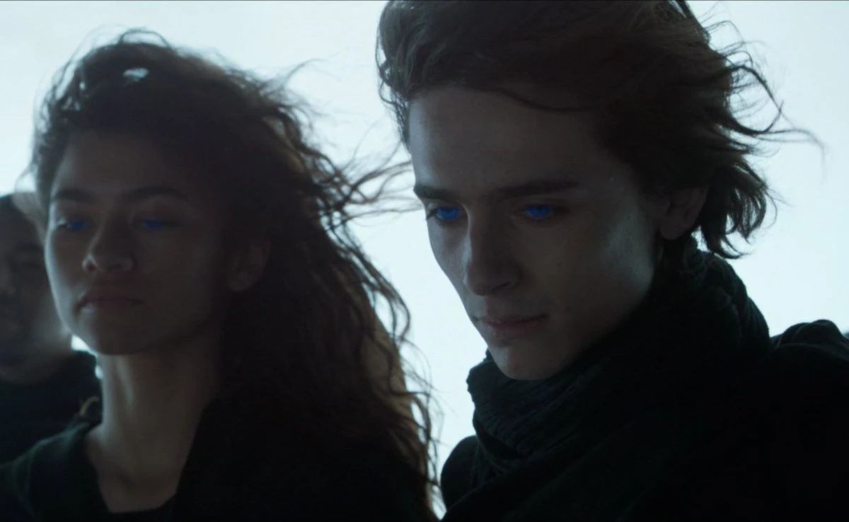 Film still from Dune (2021) featuring Paul Atreides and Chani in a desert setting.