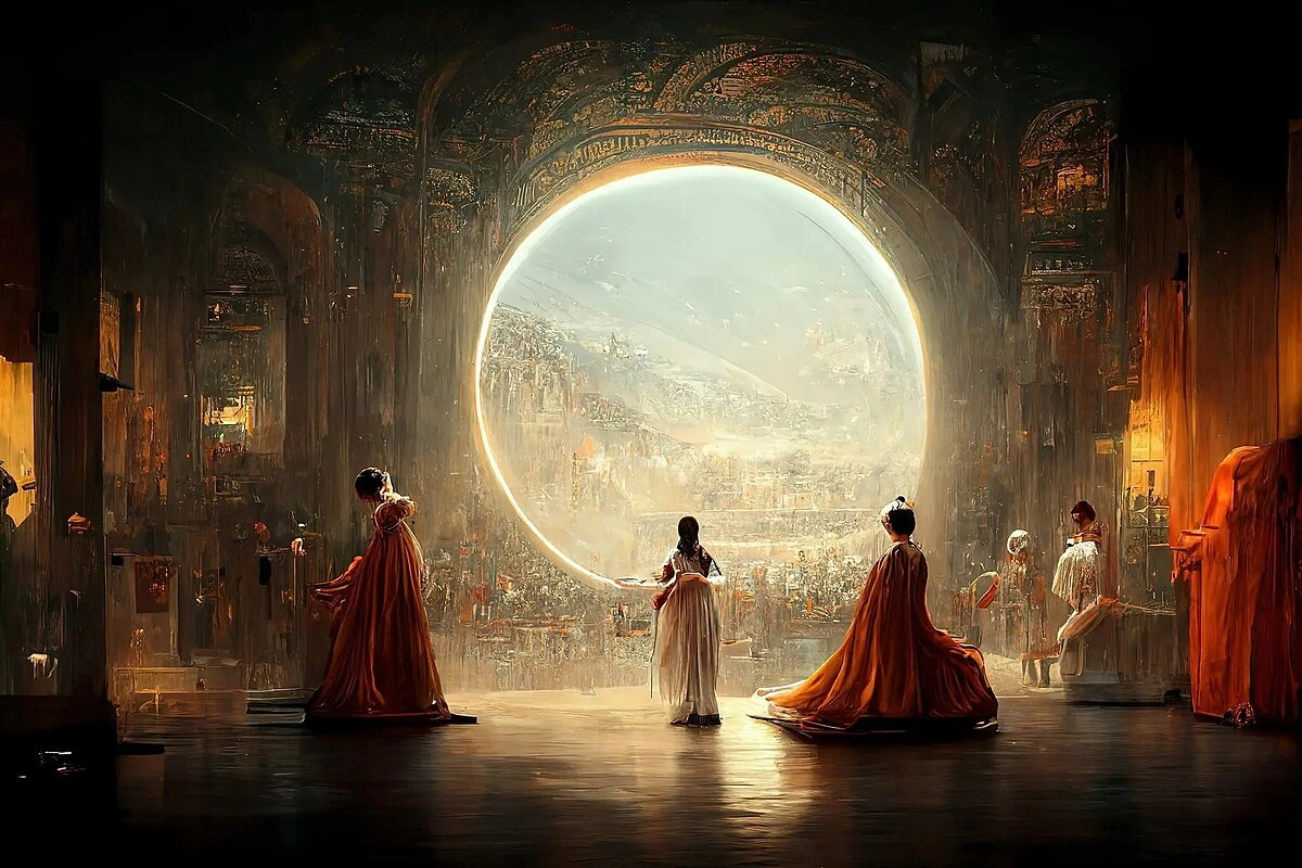 Cinematic digital artwork of a grand vaulted hall with a glowing circular portal and several robed figures standing in warm light.