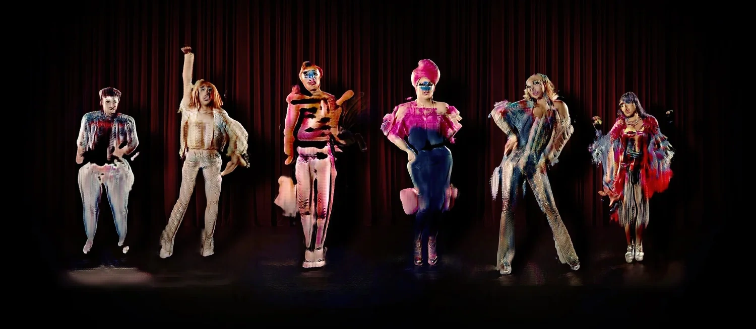 Montage of six stylised, digitally-rendered drag performers standing in front of a dark stage curtain.