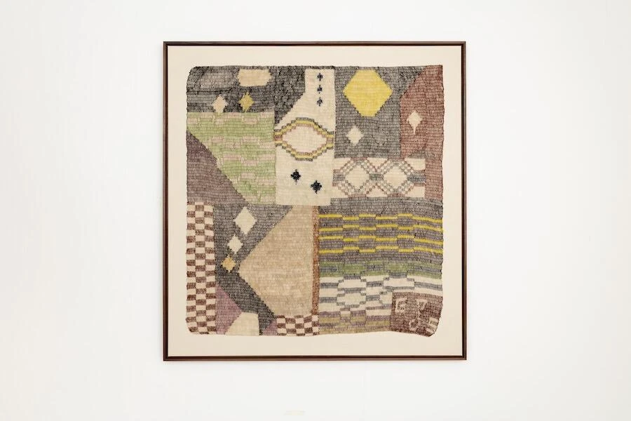 Textile artwork Wenachelamejen (Lo diferente) (2025) by Claudia Alarcn & Silt, made from hand-spun chaguar fibre woven in yica stitch, displayed in a simple framed presentation.