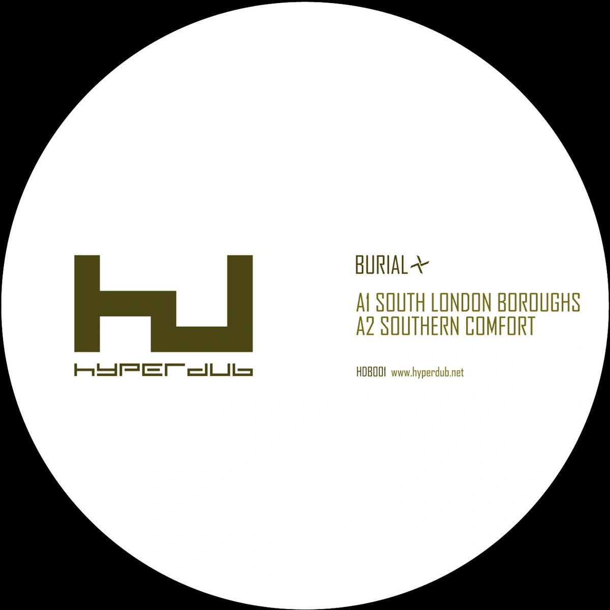 White circular record label artwork for South London Boroughs by Burial, featuring the Hyperdub logo on the left and track listing text on the right, set against a black background.