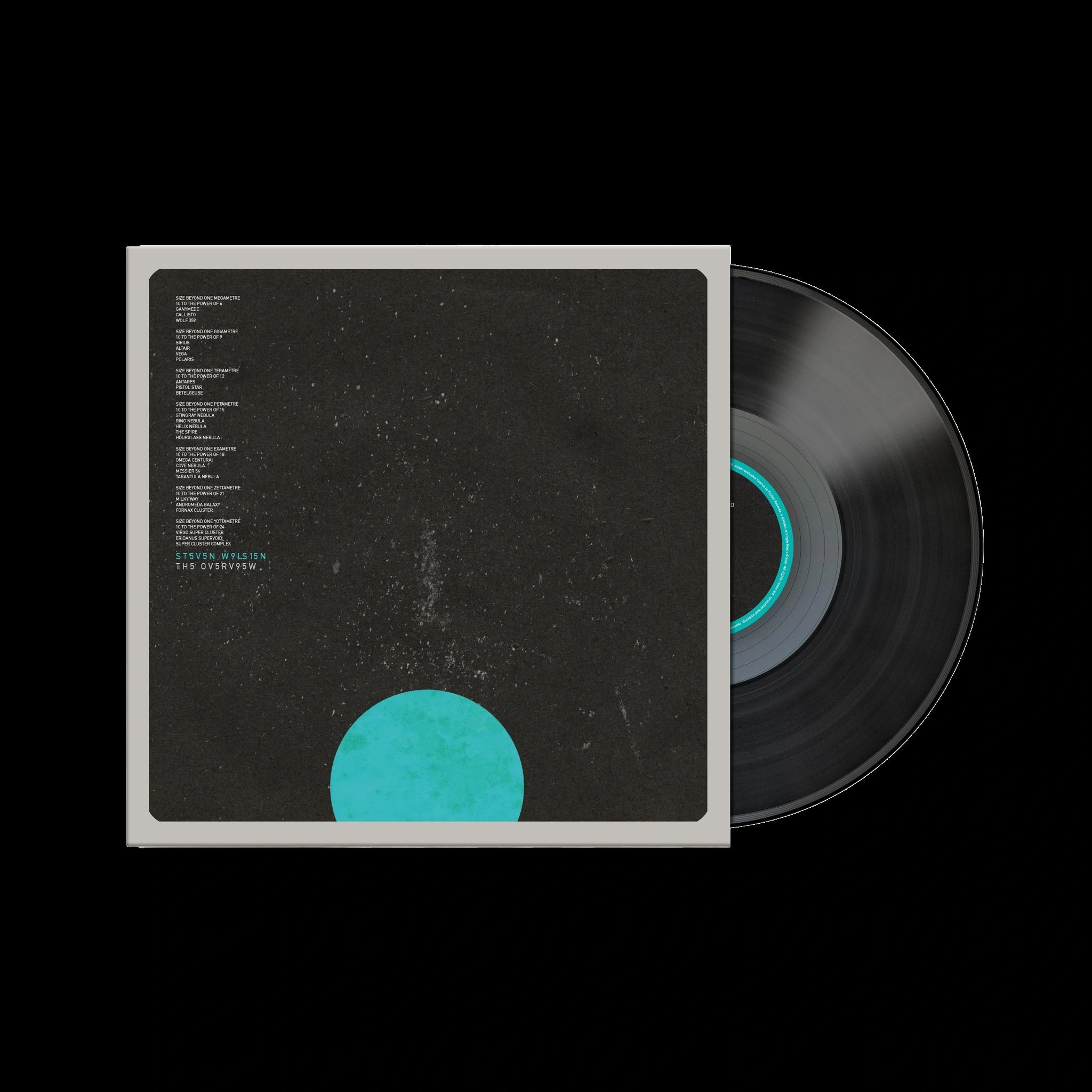Vinyl record partially removed from its sleeve for The Overview by Steven Wilson, featuring a dark, star-like textured cover with a turquoise circular shape near the bottom and minimal typographic details, set against a black background