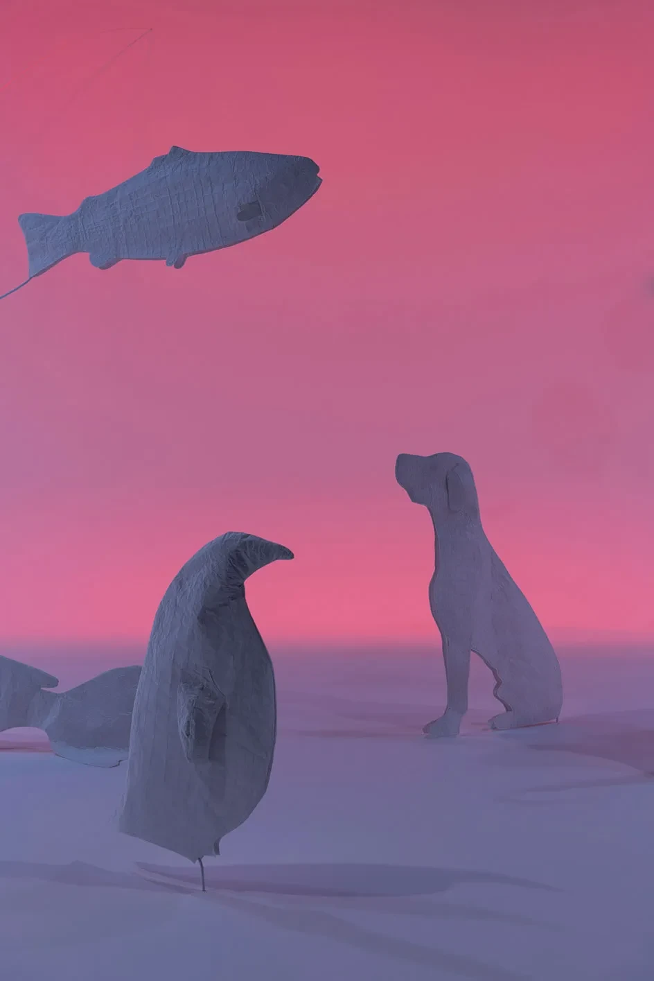 Site-specific installation Salmon: A Red Herring by Cooking Sections, featuring sculptural animal forms arranged in a snowy landscape under a pink and purple sky.
