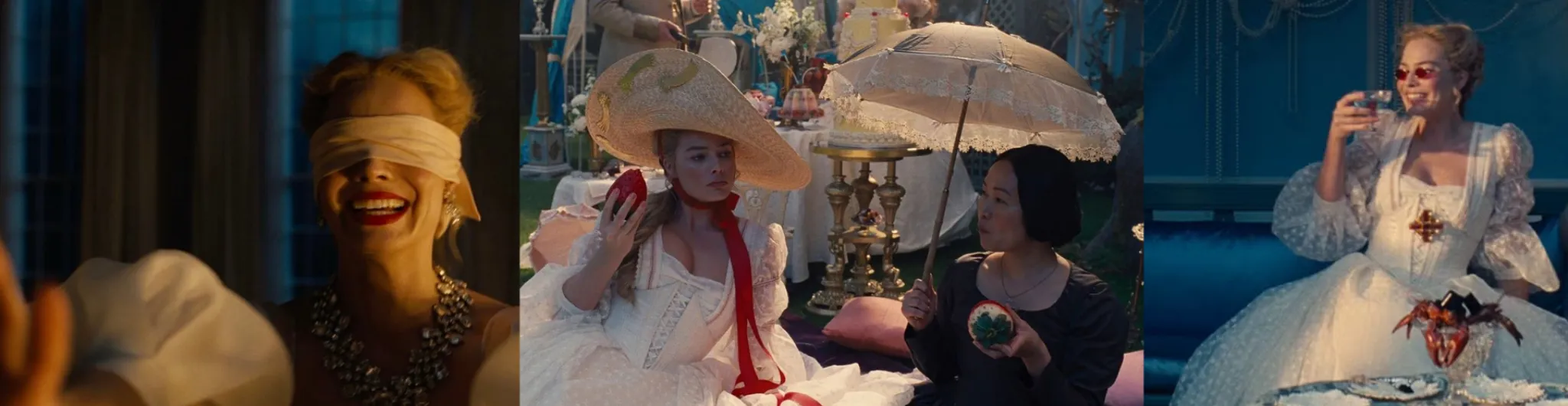 Catherine Earnshaw, portrayed by Margot Robbie, attends a lavish garden party alongside Nelly, portrayed by Hong Chau, shown across cinematic scenes featuring ornate period costumes, decorative hats and an elegant social gathering atmosphere