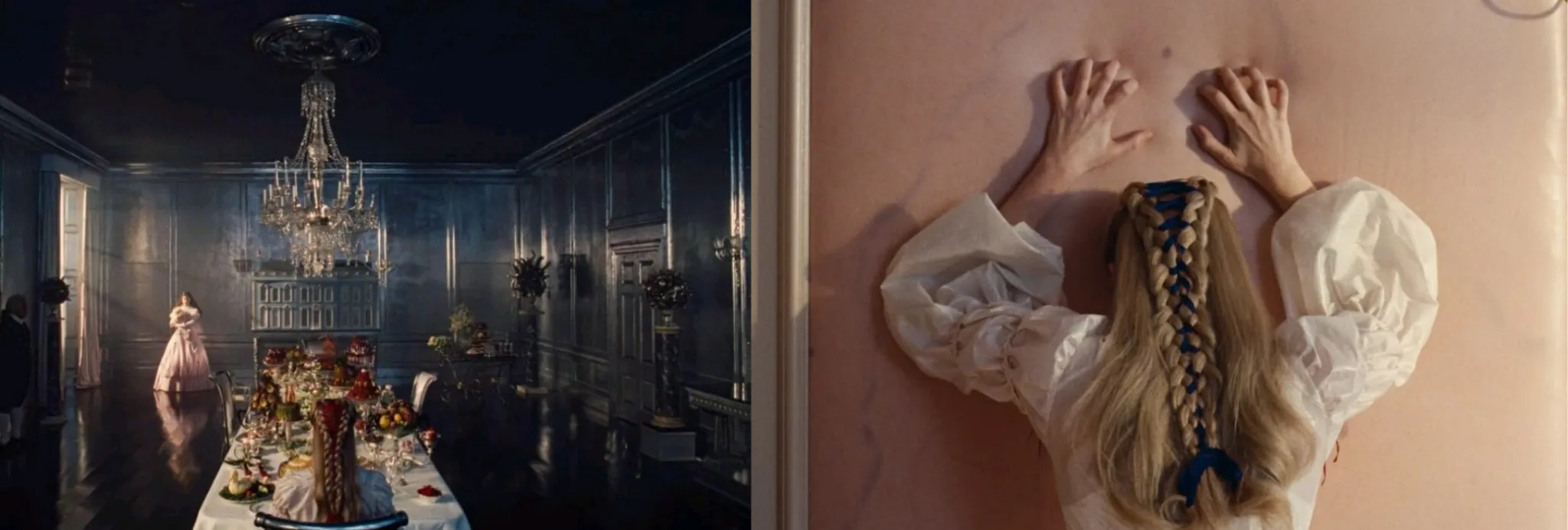 Split cinematic still from Wuthering Heights showing an opulent dinner setting Catherine Earnshaw attends alongside a contrasting scene of Catherine pressed against a wall inside a symbolic room inspired by the freckles on her face, evoking themes of confinement and social entrapment.