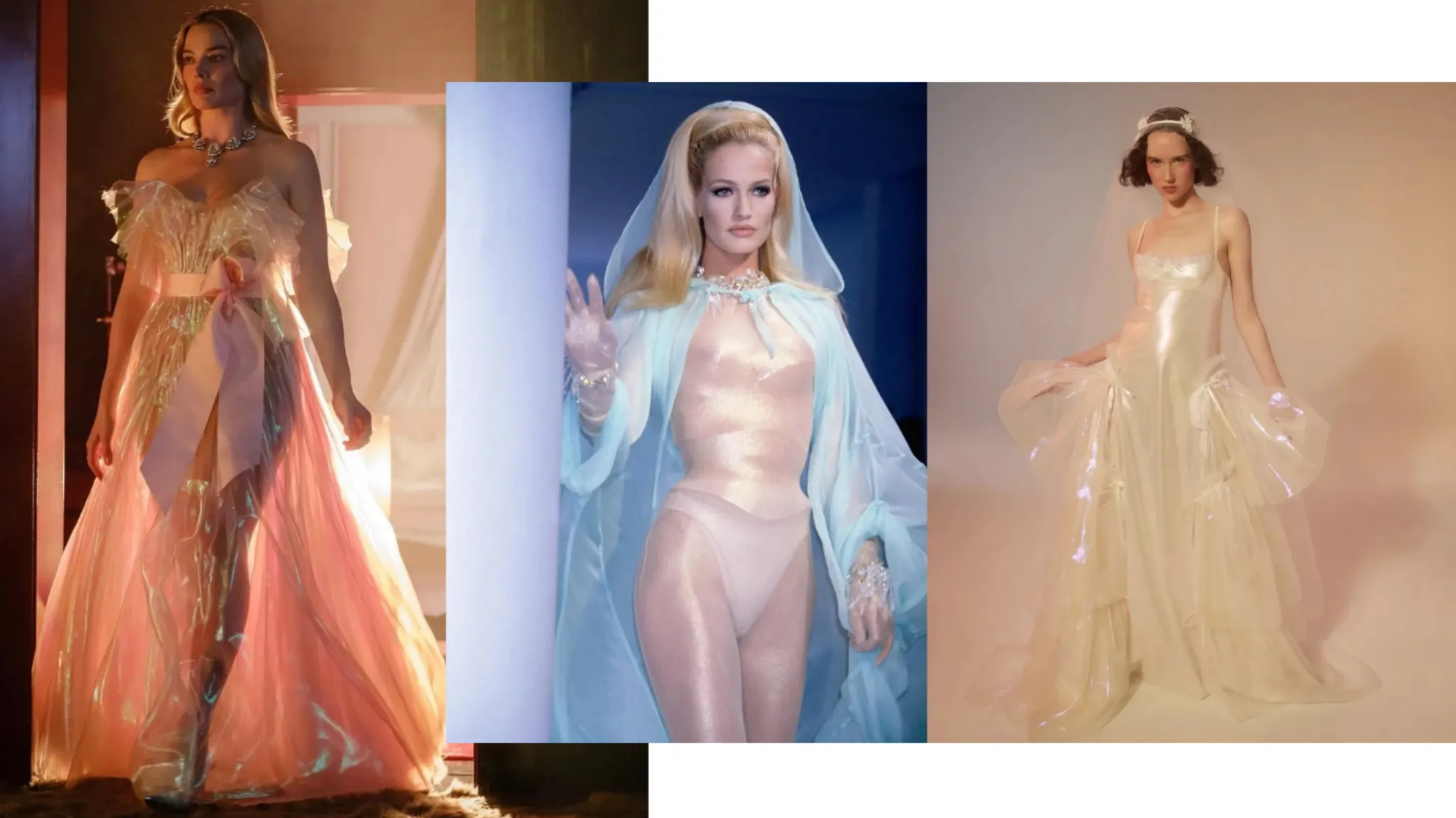 Visual comparison of Catherine Earnshaw’s dreamlike wedding night dress worn by Margot Robbie in Wuthering Heights, shown alongside costume inspirations referenced by designer Jacqueline Durran, including a Thierry Mugler Spring Summer 1996 runway look at center and a design from Honor NYC Spring 2024 Collection VIII at right.