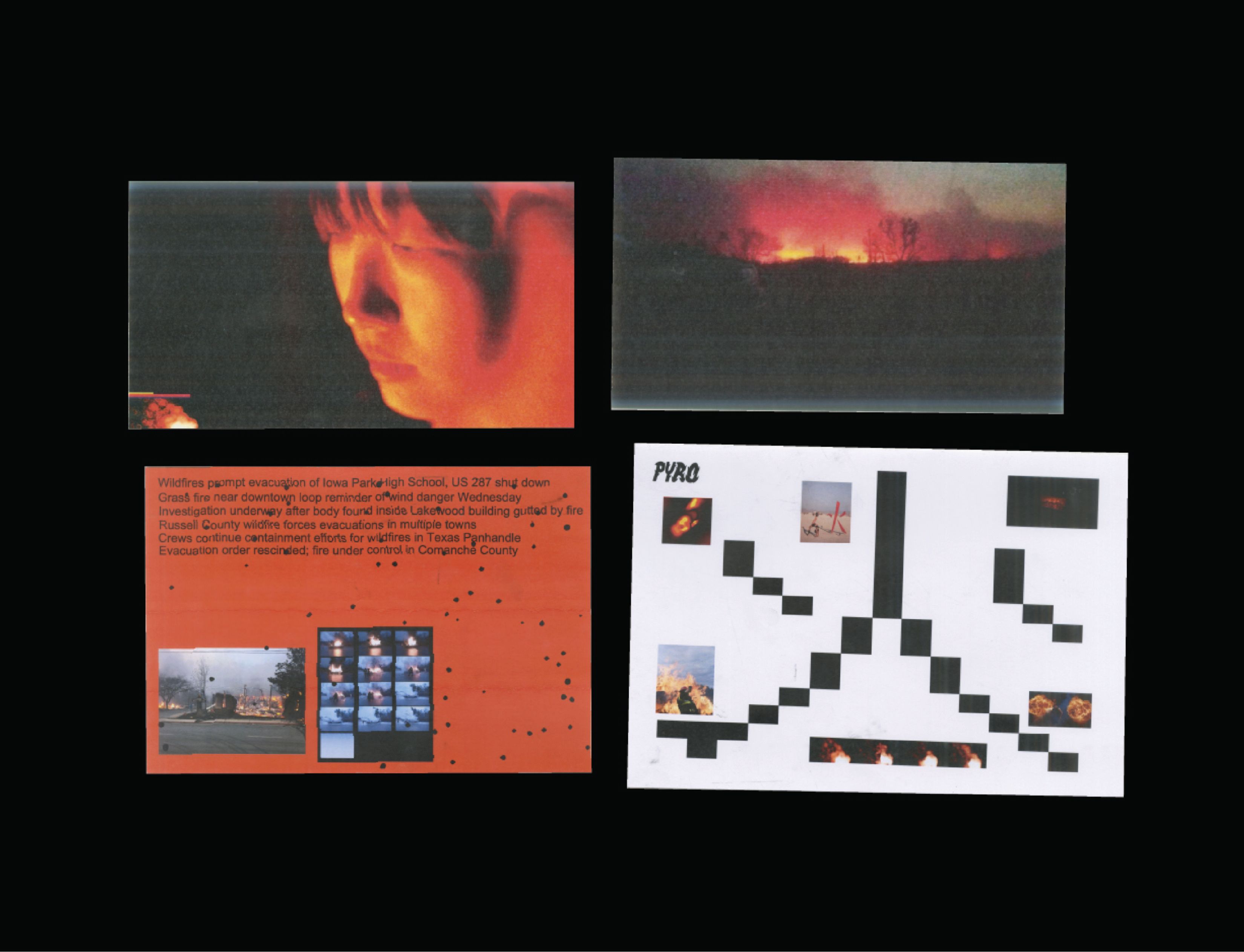 DICTE by Aaron Deng: four-panel collage featuring wildfire news headlines, fire photography, and pixelated PYRO text artwork