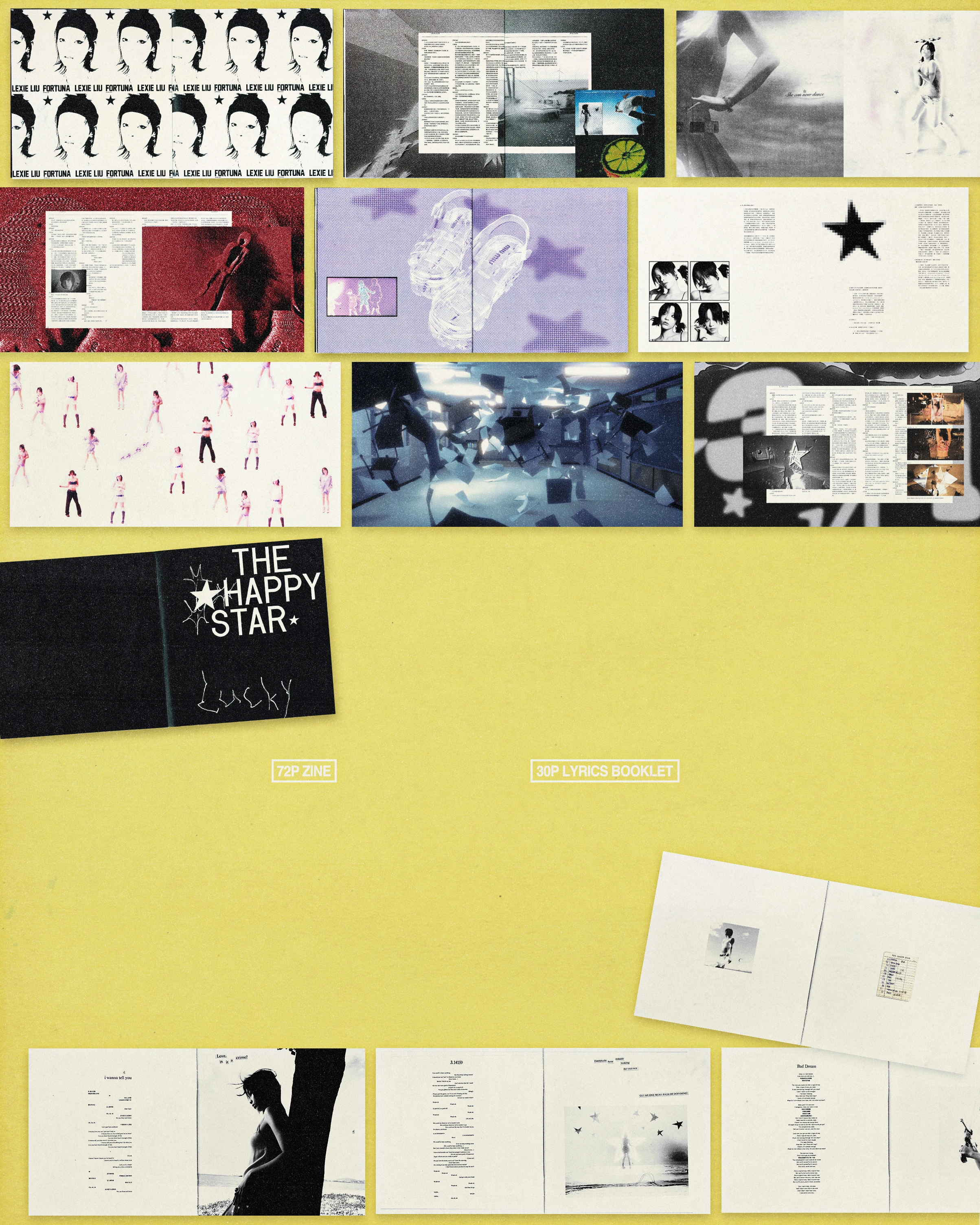 Lexie Liu THE HAPPY STAR Lucky album package design showing 72-page zine and 30-page lyrics booklet spreads