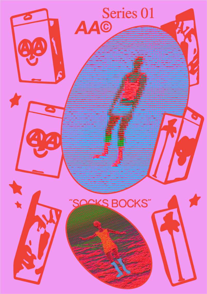 AA Club by Aaron Deng Series 01 Socks Bocks promotional poster with glitch-effect figures