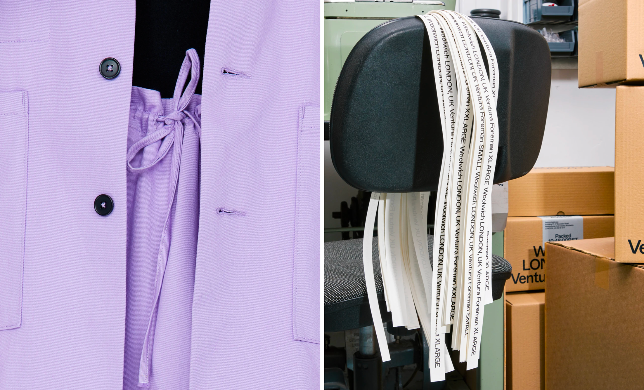 Lilac jacket with tie-waist trousers beside Ventura Foreman London clothing labels and shipping boxes