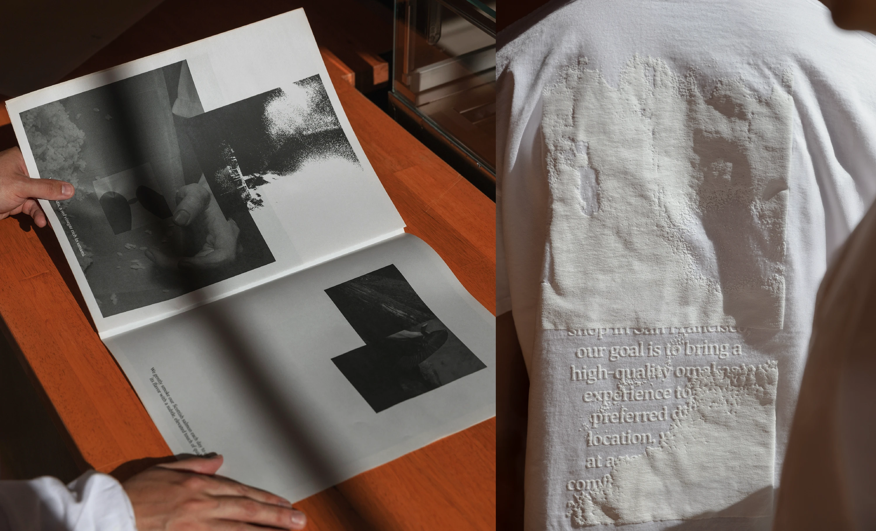 Aji Kiji branding by Jae Jeon: photography book and embossed white shirt with mission text