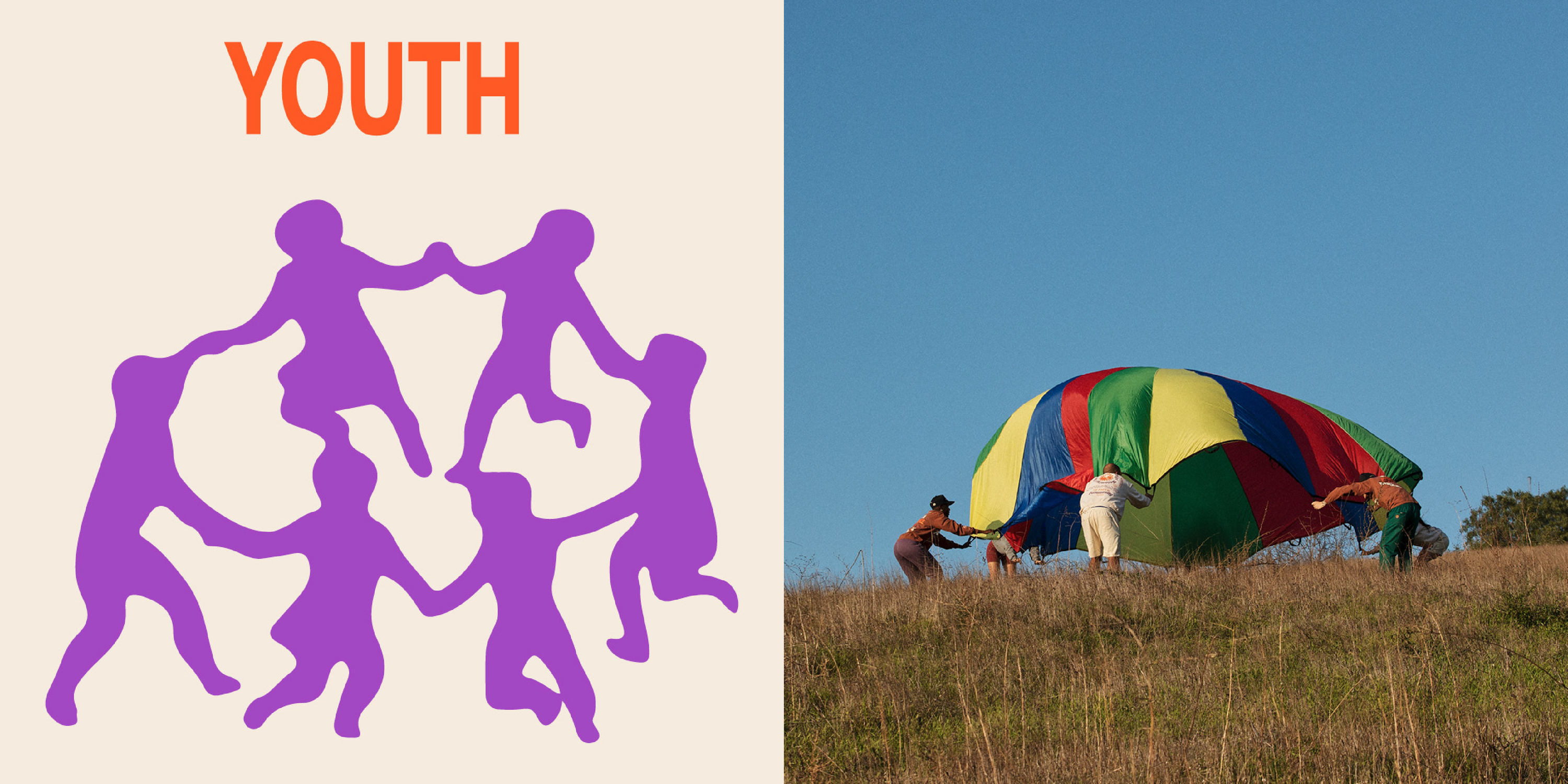Youth group illustration and children playing with colorful parachute on grassy hillside