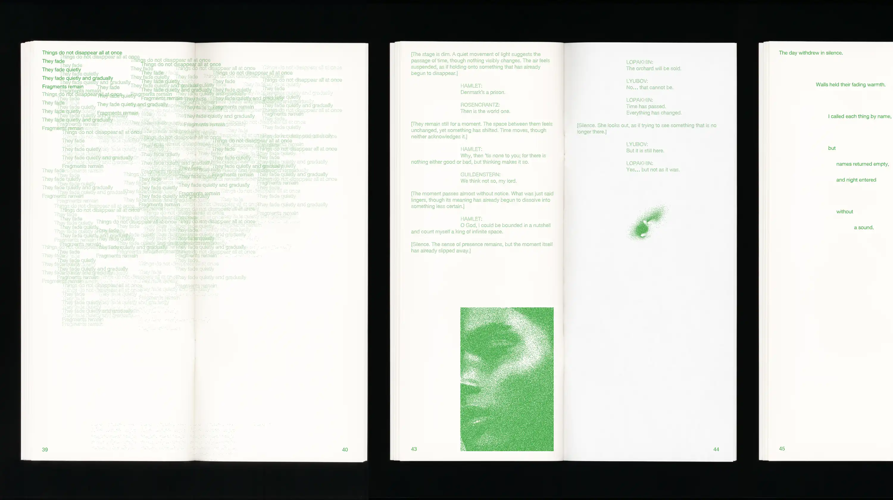 Fade Grotesk prompt-based type design editorial book spreads by Jae Jeon, green layered text