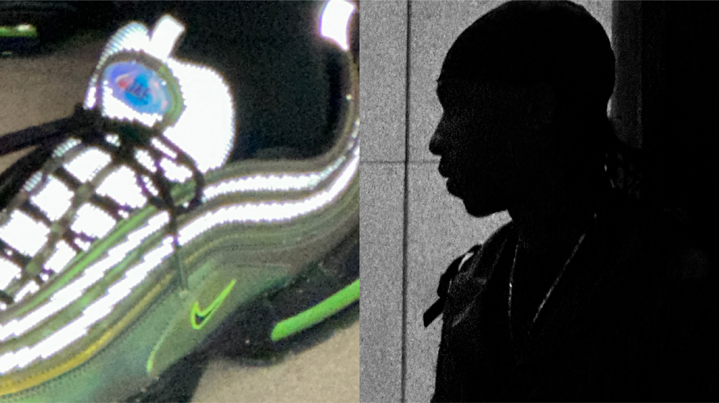 Nike Air Max 97 sneaker beside dark silhouette portrait, Flight Club branding by Jae Jeon