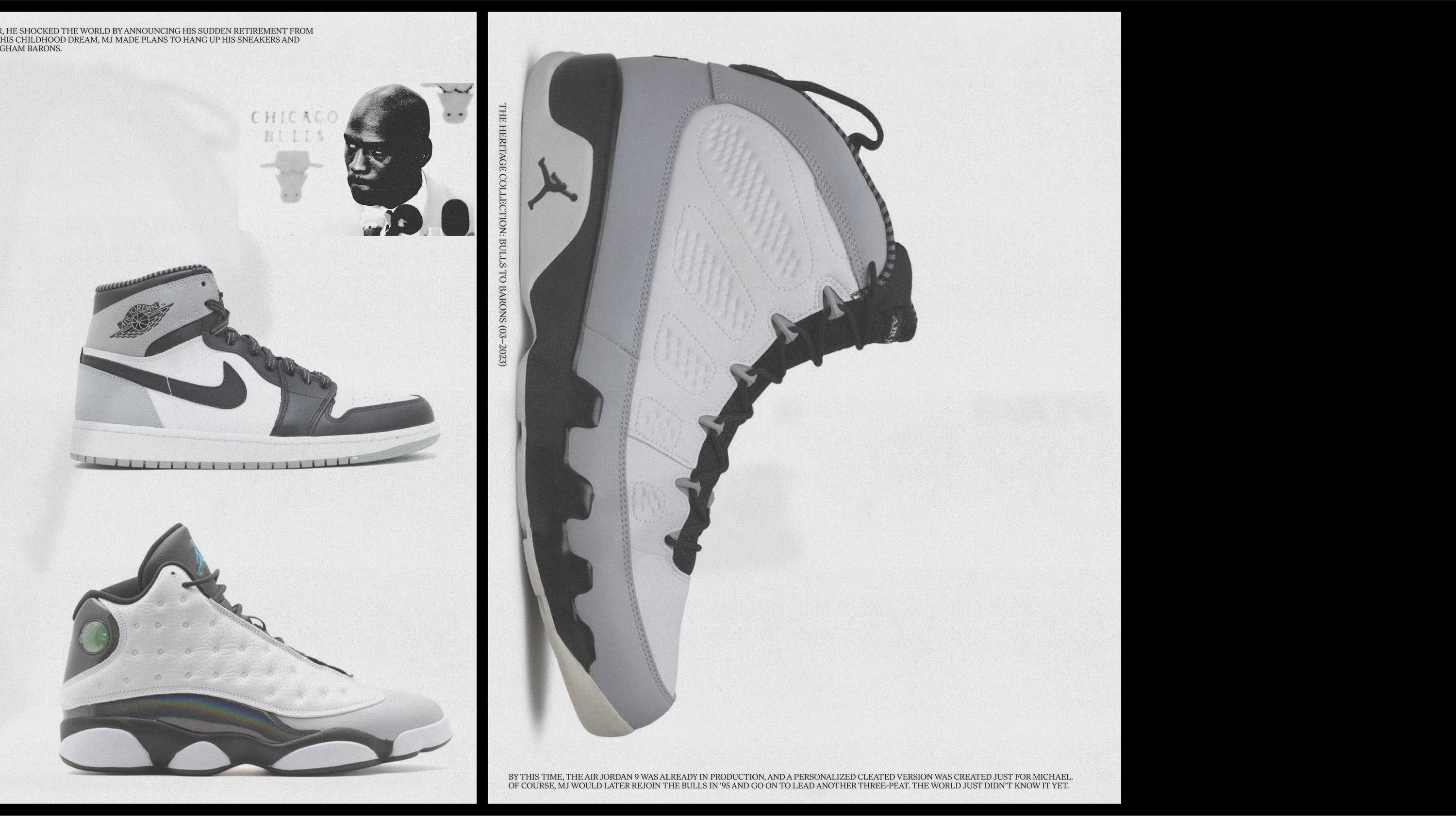 Air Jordan 1, 13, and 9 cleat sneakers with Chicago Bulls Michael Jordan portrait collage