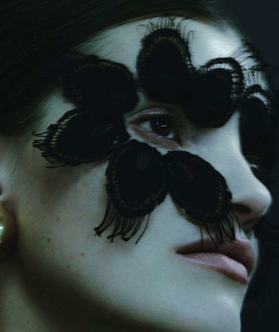 ANA editorial portrait with black lace butterfly mask by photographer Marta Skovro, makeup by Lindsay Kastuk