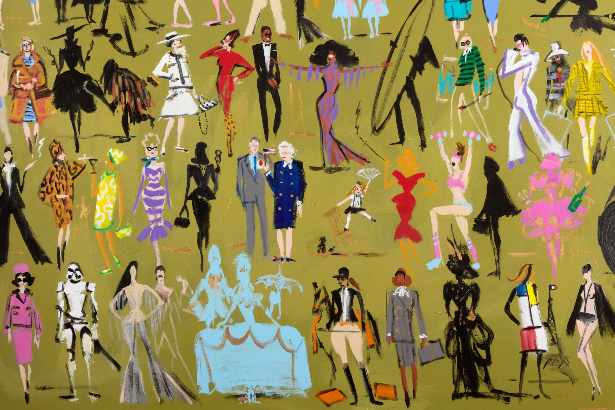Donald Robertson's History of Accidental Fashion painting featuring eclectic illustrated figures on olive green background