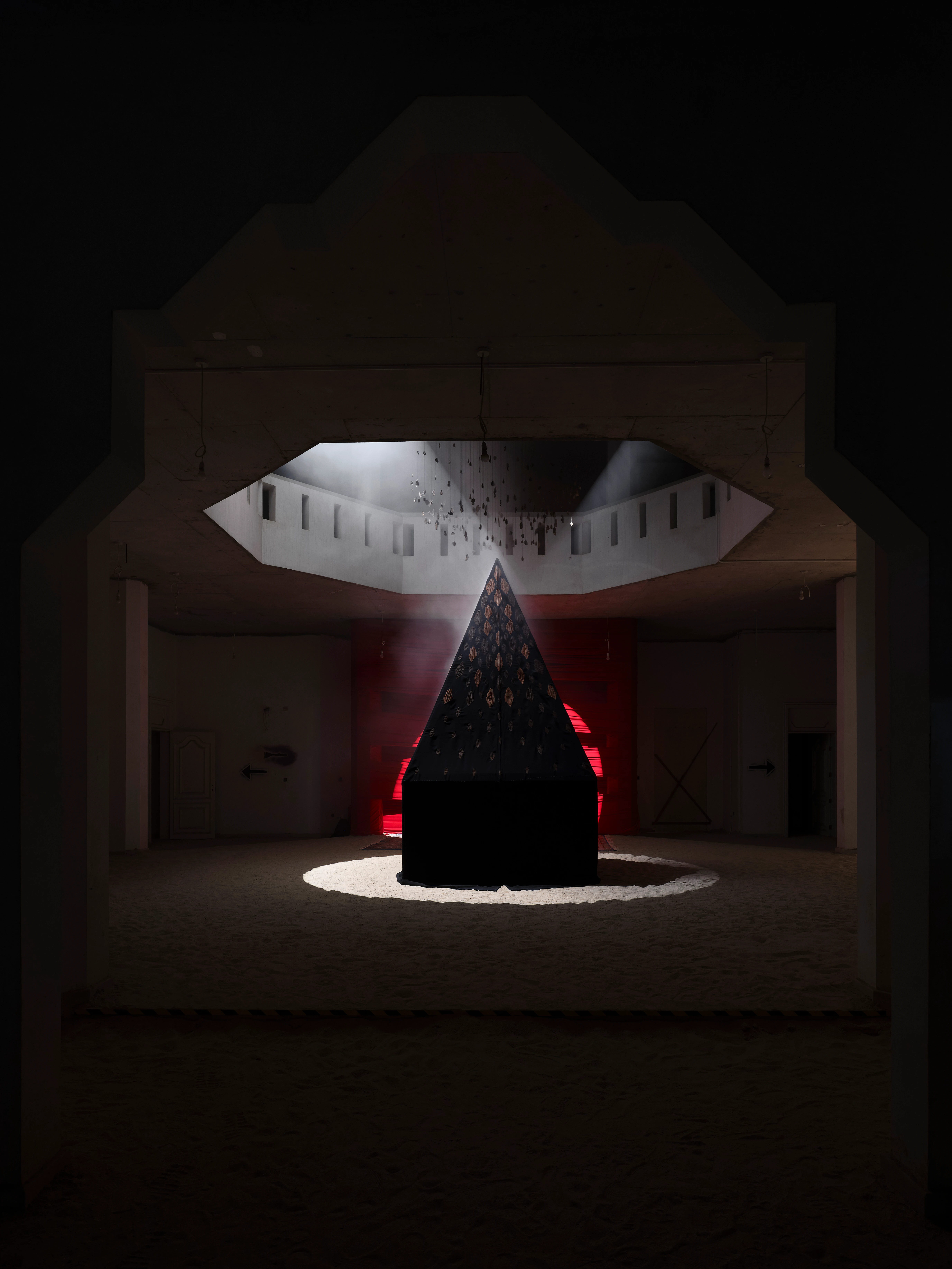 Departed Soul incense burner sculpture, dark pyramid form illuminated by shaft of light, ASBAR 2026 installation