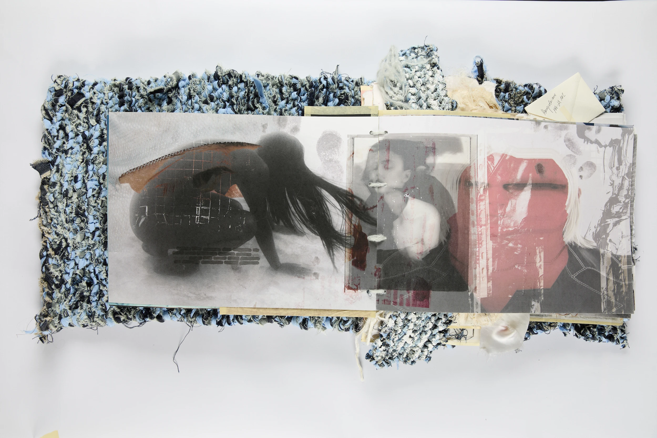 Aurora Perinelli Substructure thesis book with mixed-media collage, photographs, and woven textile, IED Milan at Dover Street Market Paris
