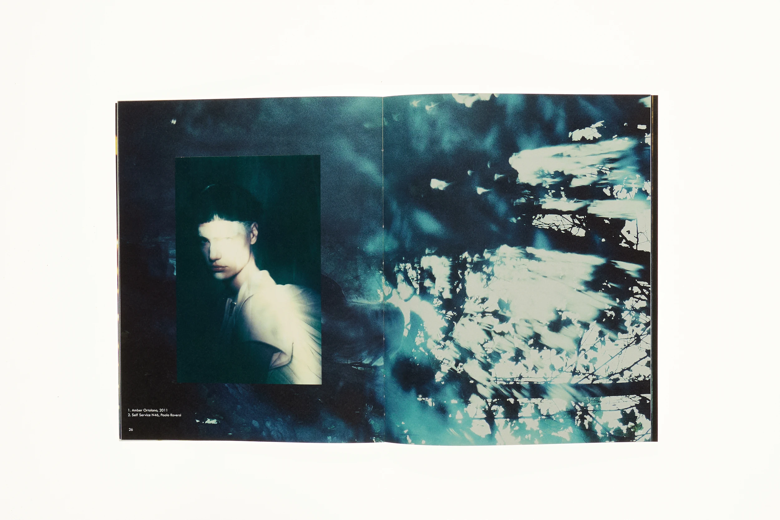 Blurred editorial portrait beside abstract cyanotype texture, Substructure thesis book by Simone Griffa, IED Milan at Dover Street Market Paris