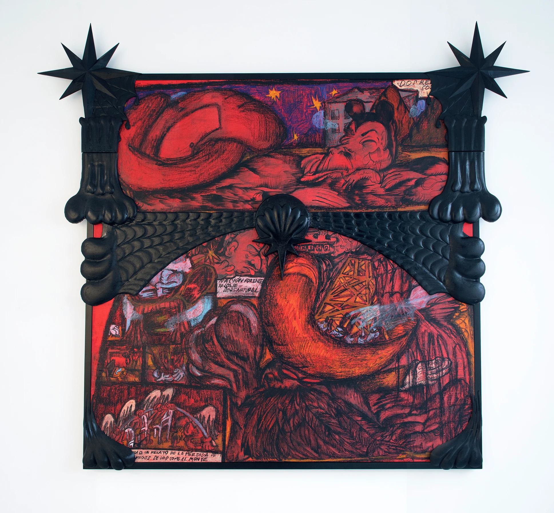 Paloma Contreras Lomas mixed-media artwork with red figures, black ornate frame, Spanish text, and surrealist imagery