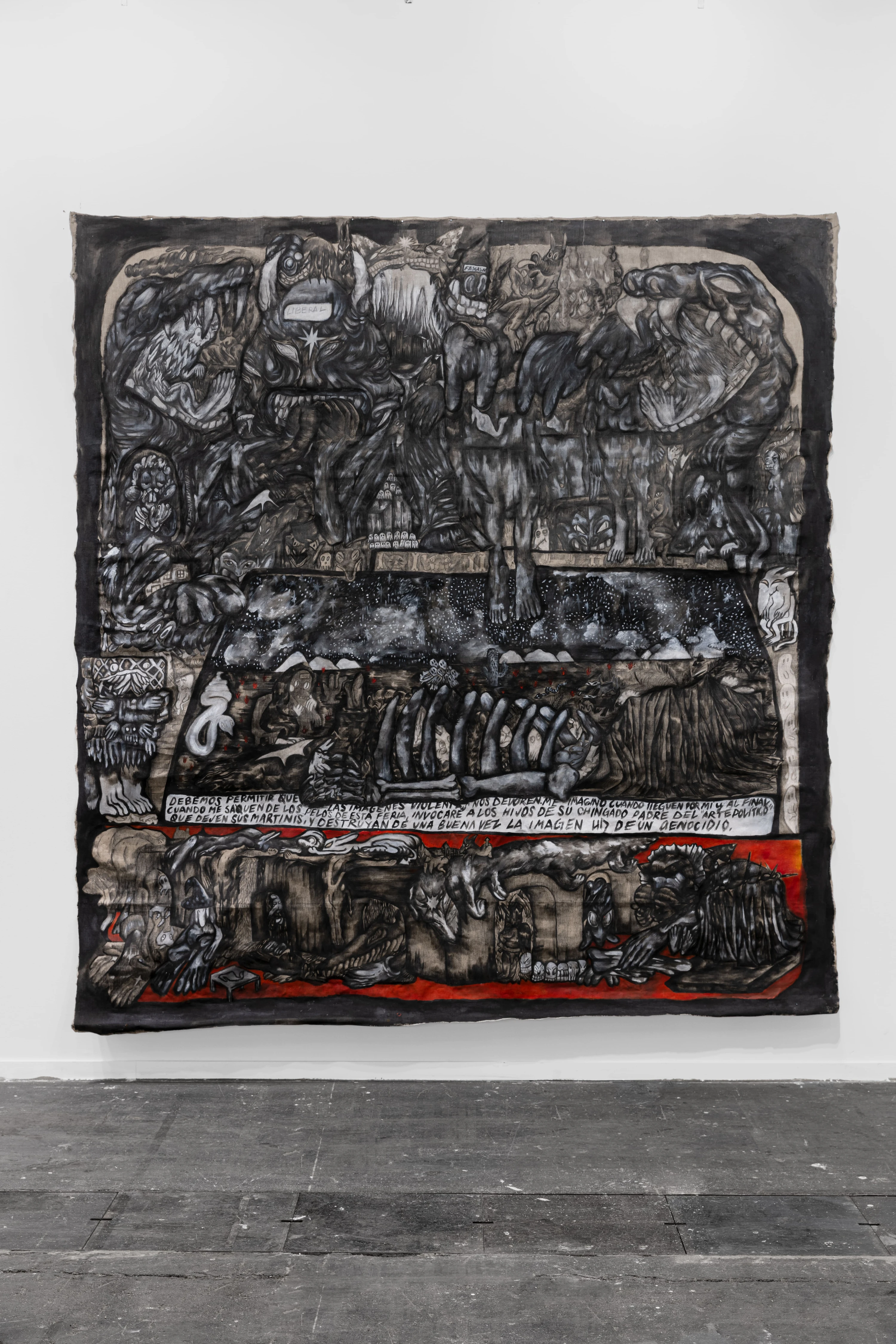 Paloma Contreras Lomas large-scale dark figurative painting with Spanish text, charcoal and red tones, gallery installation