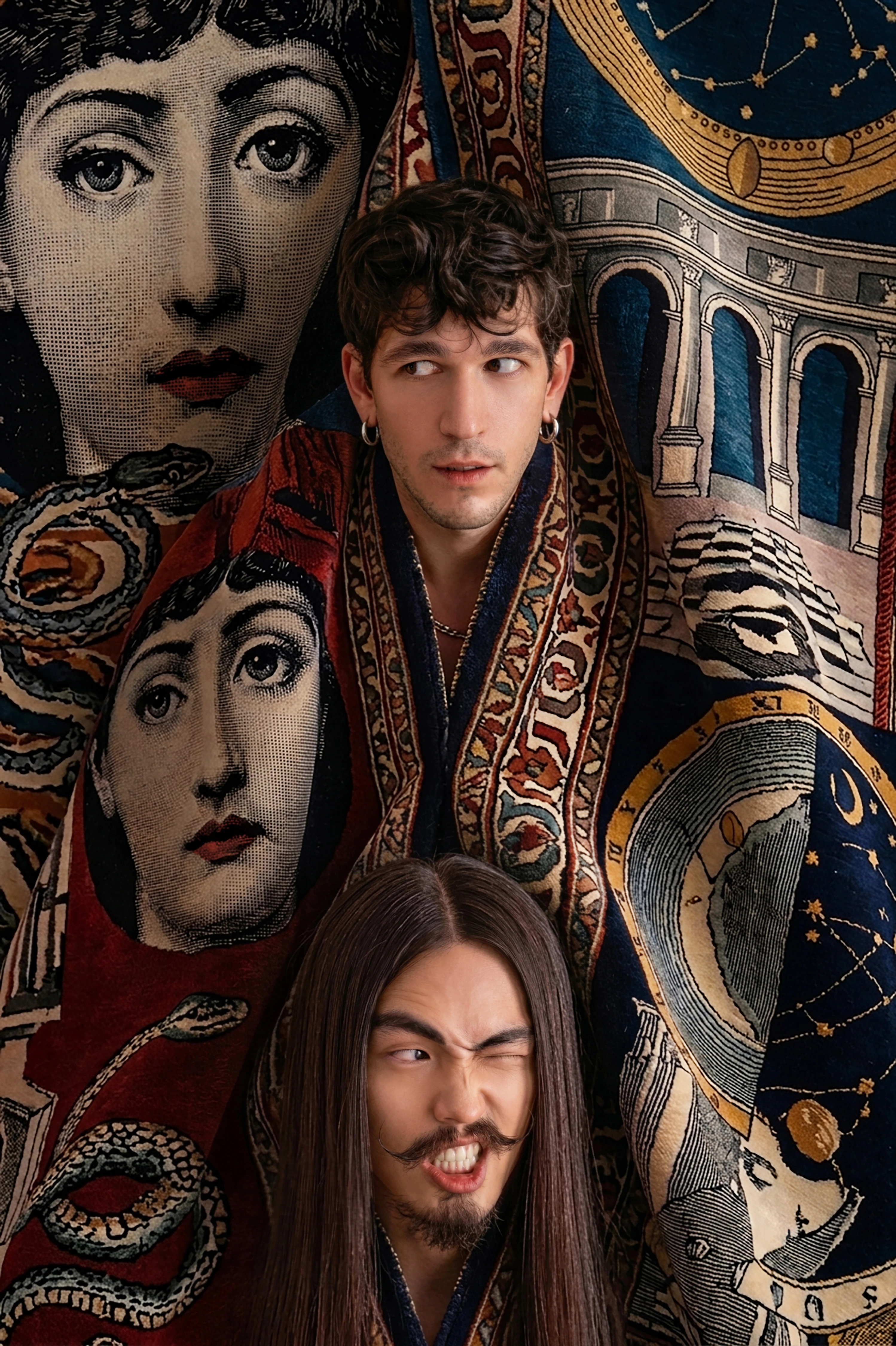 Alex and YuYu pose dramatically against an ornate tapestry featuring classical faces and celestial motifs