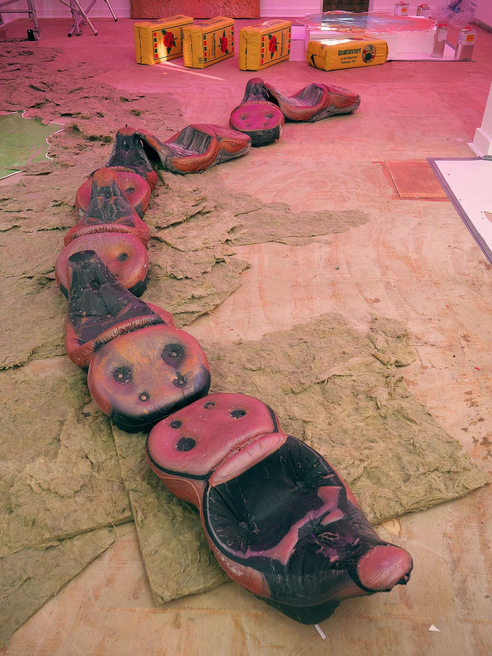 Irene de Boer sculptural installation with segmented pink and black organic forms on textured ground, NP3 Re.Discovery
