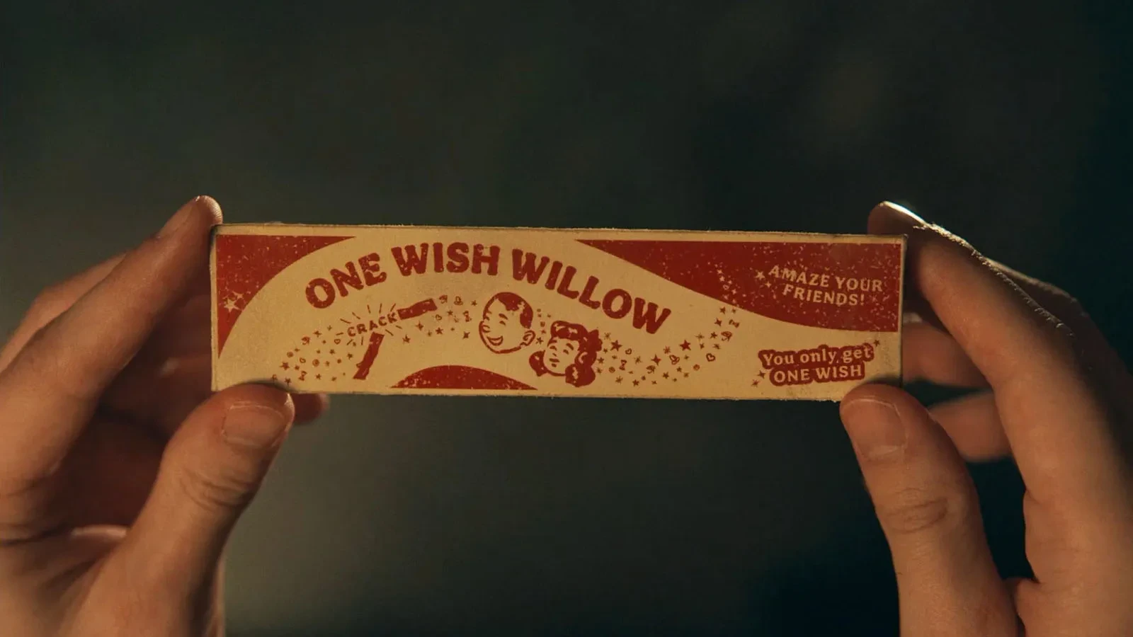One Wish Willow vintage-style novelty cracker trinket from Focus Features film Obsession, The Curry Barker Universe