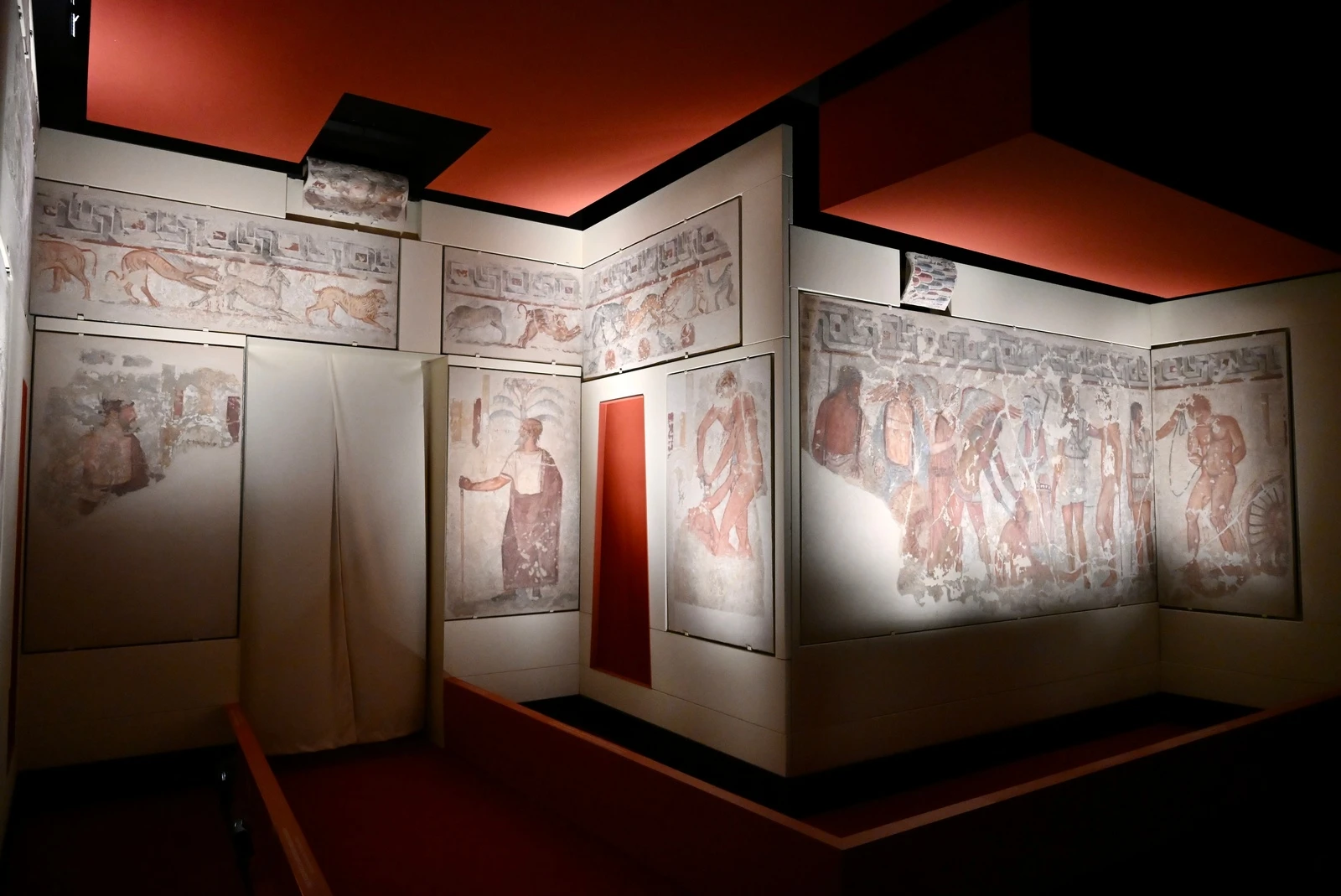 Tomba Franois fresco panels displayed in dramatic red-lit museum gallery, ancient Etruscan figures and animals, photo by Valentina Sensi