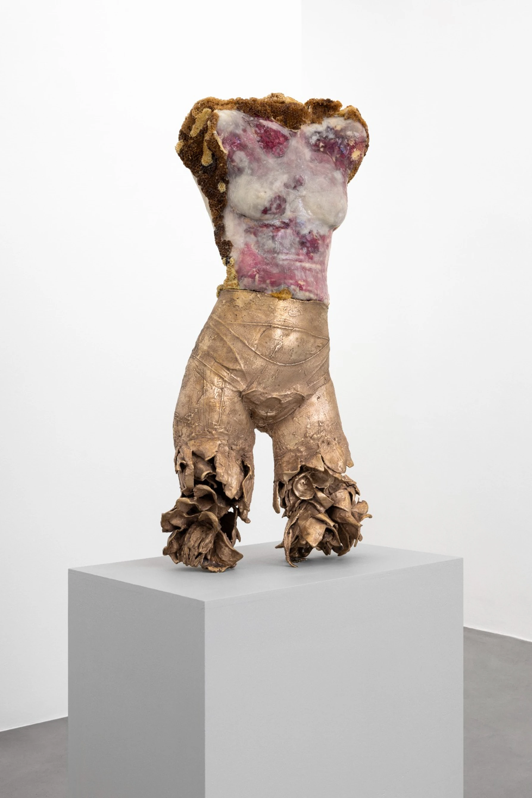 Ambra Castagnetti, Furiosa, 2022 — mixed-media torso sculpture with raw textile, resin, and bronze-like lower body at Galleria Francesca Minini