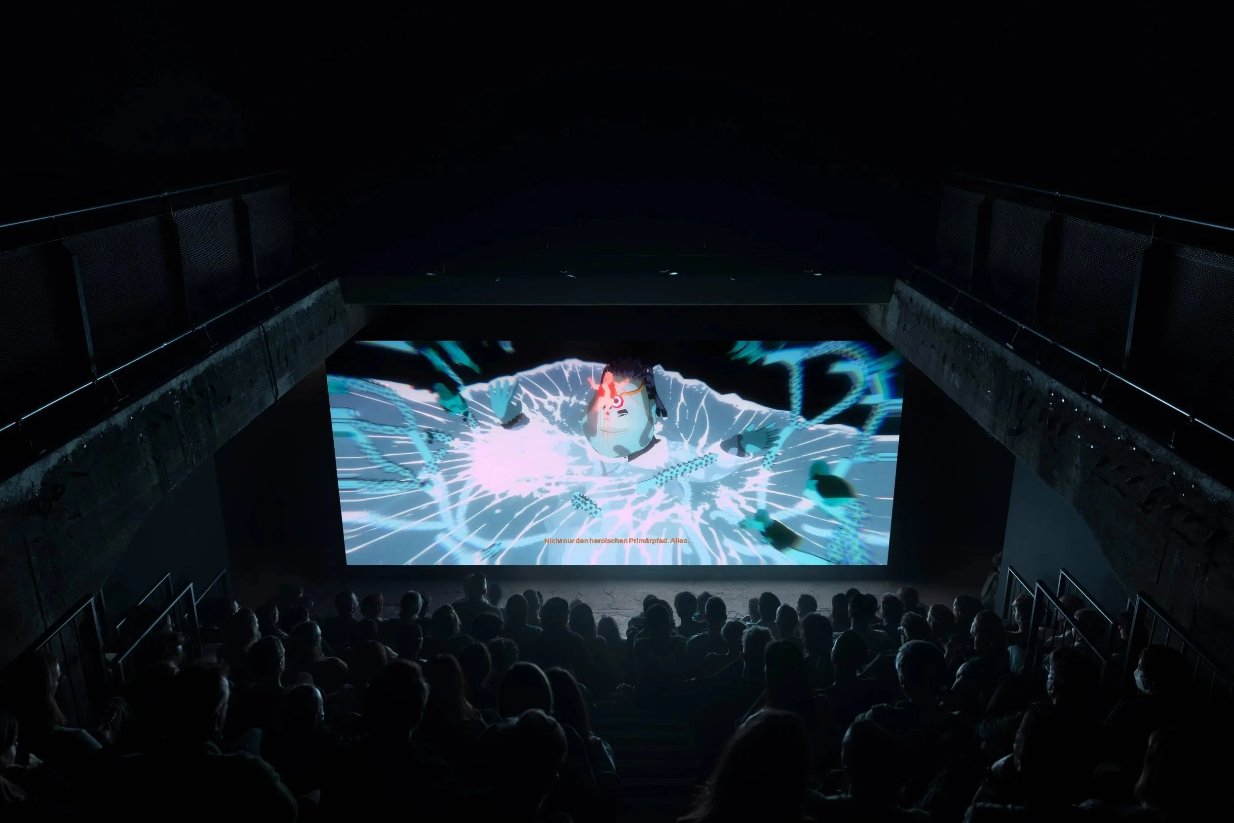 Ian Cheng's Life After Bob projected at Halle am Berghain, Berlin 2022, audience silhouetted before vivid animated screen