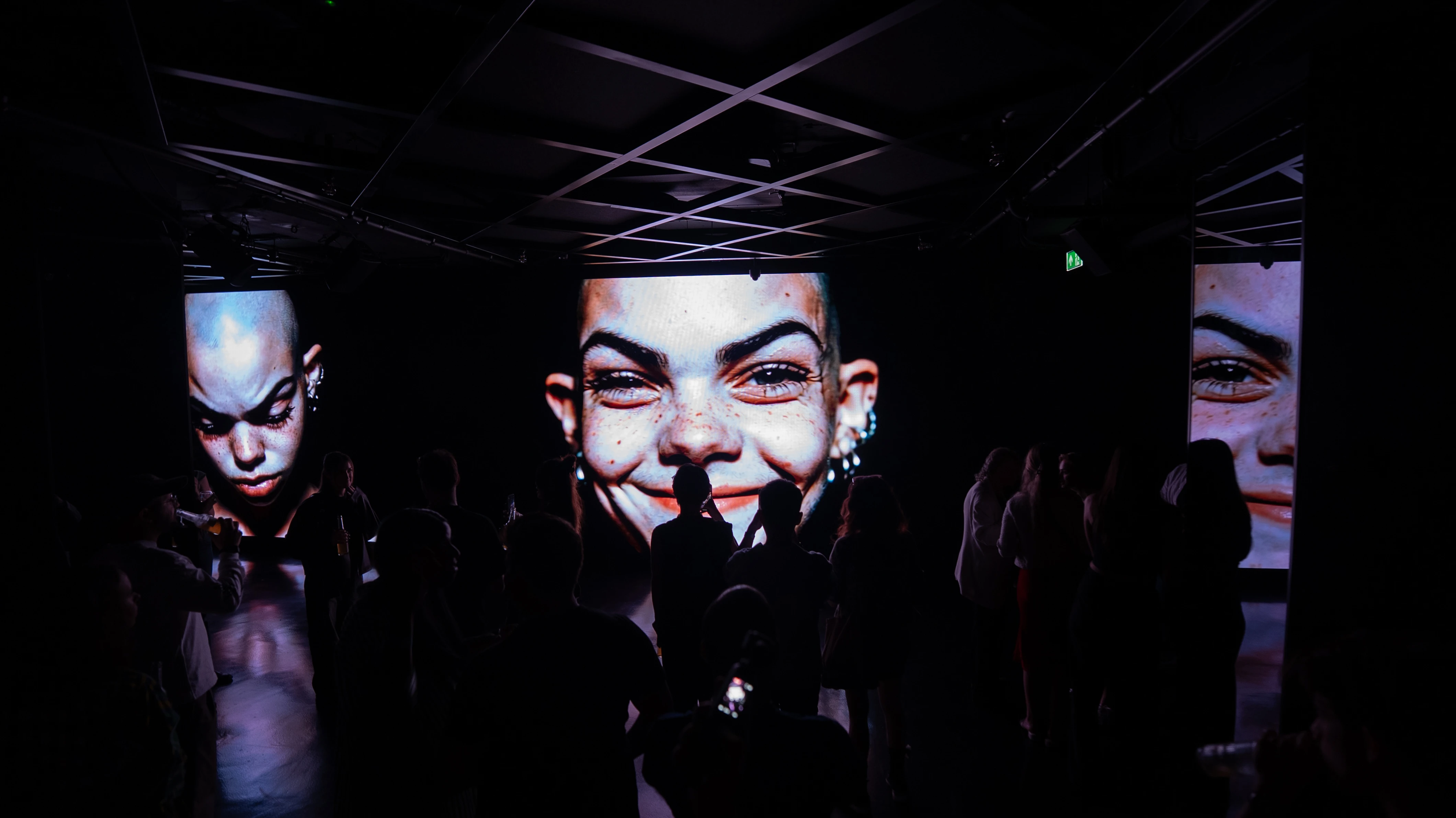 Visitors silhouetted before monumental close-up face projections at Transmoderna: The Flip, W1 Curates, London 2025