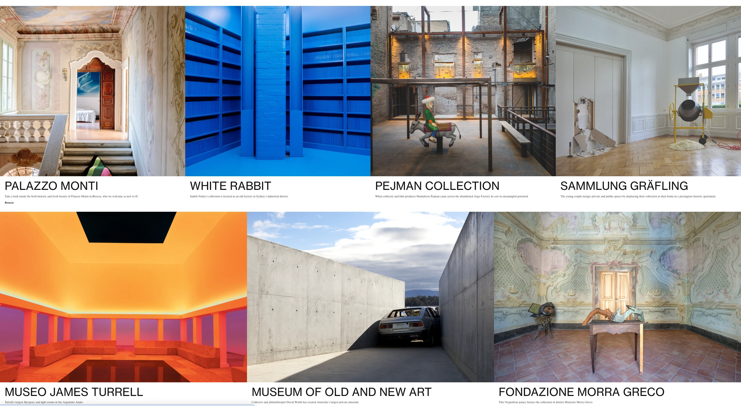 Independent Collectors digital exhibitions featuring Palazzo Monti, White Rabbit, Museo James Turrell, and MONA art spaces