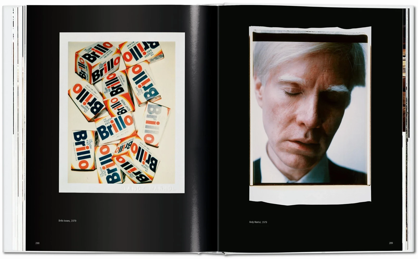 TASCHEN Andy Warhol Polaroids book spread showing Brillo boxes artwork and a close-up portrait photograph, 1979