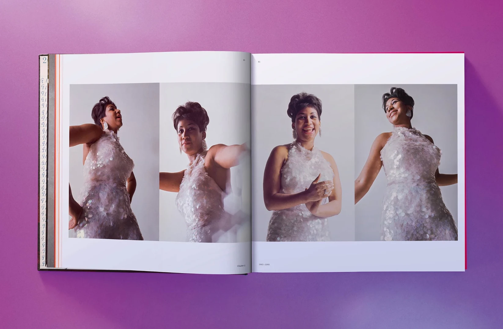 Open Taschen book spread showing four portrait photos of a woman in a white floral dress, from 75 Years of Atlantic Records