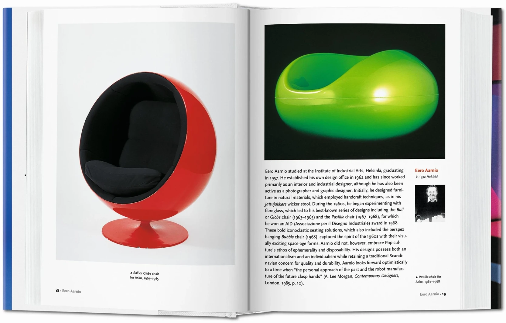Eero Aarnio Ball Chair spread in Taschen's Design of the 20th Century book, showing red fiberglass globe seat