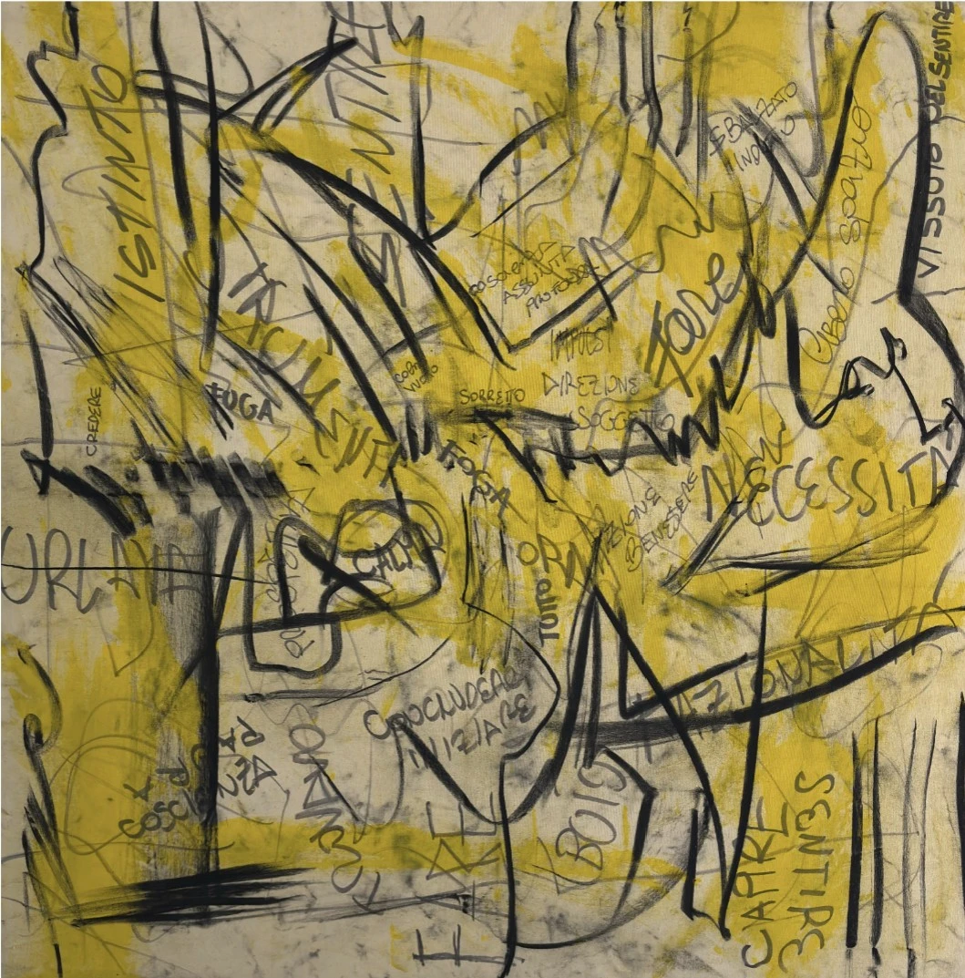 An artwork displaying vibrant yellow paintwork and black inscriptions, creating a striking visual contrast and eye-catching design.