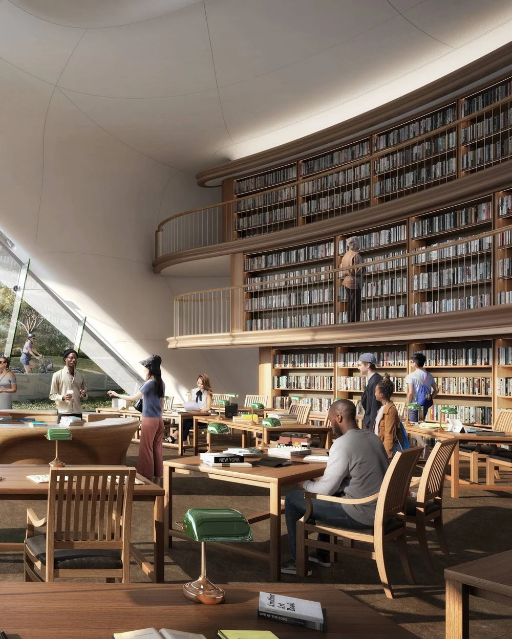 Lucas Museum of Narrative Art interior library with two-story bookshelves, wooden reading tables, and visitors browsing collections