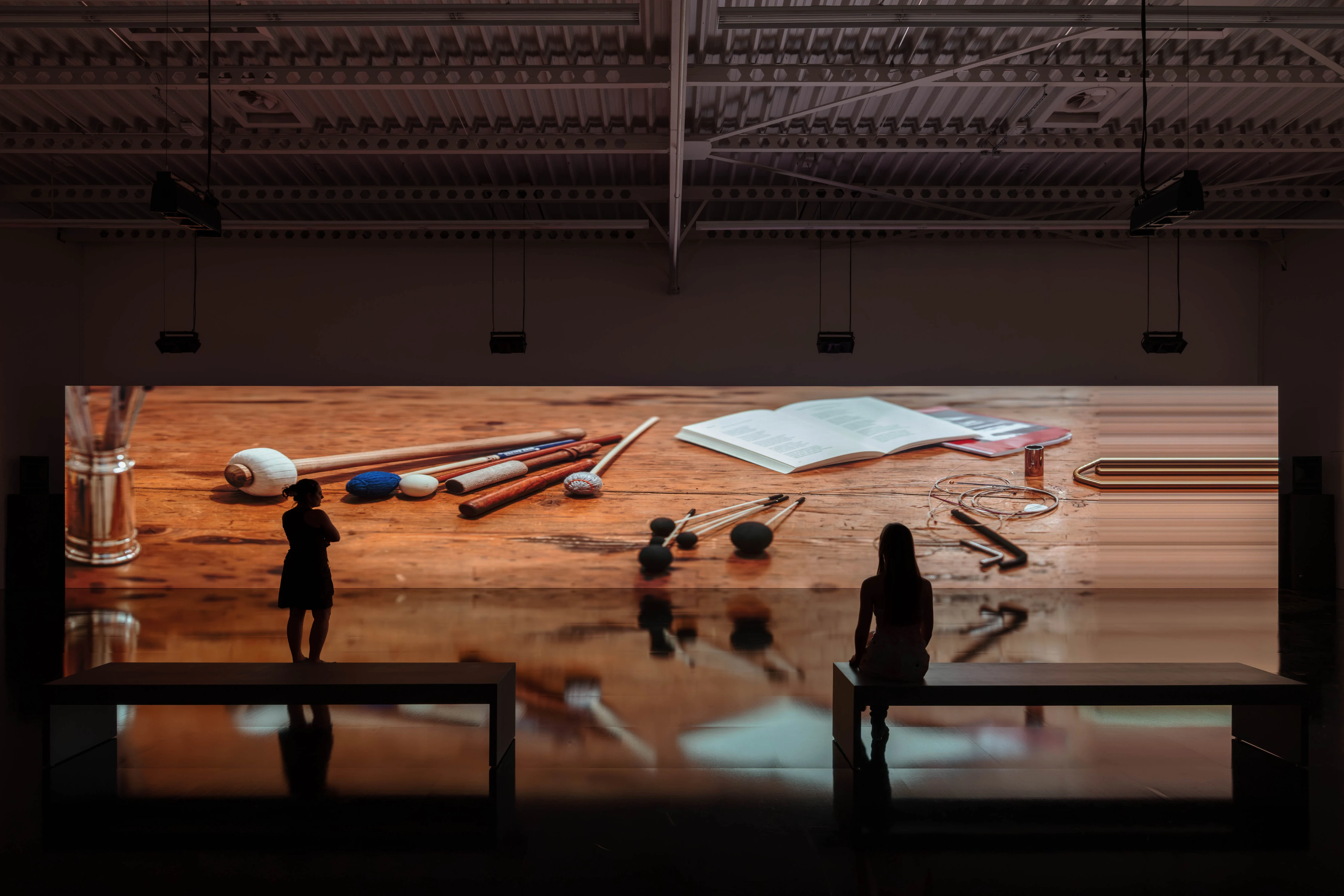 Two silhouetted visitors view async-immersion large-scale video installation by Ryuichi Sakamoto and Shiro Takatani at Hamburger Bahnhof