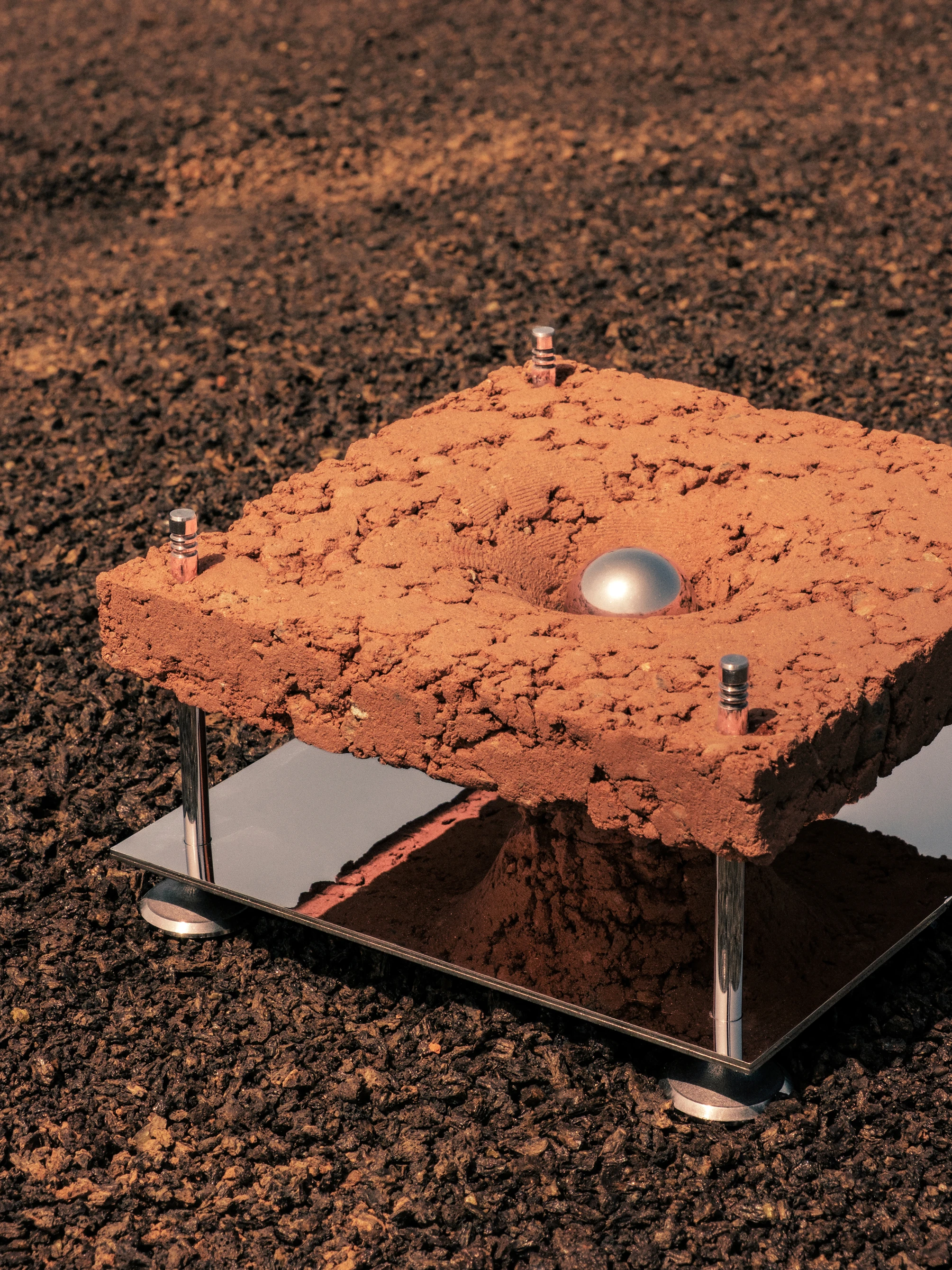 Roc H Biel Martian Relics sculptural object — compressed red earth block with chrome sphere on mirrored steel stand