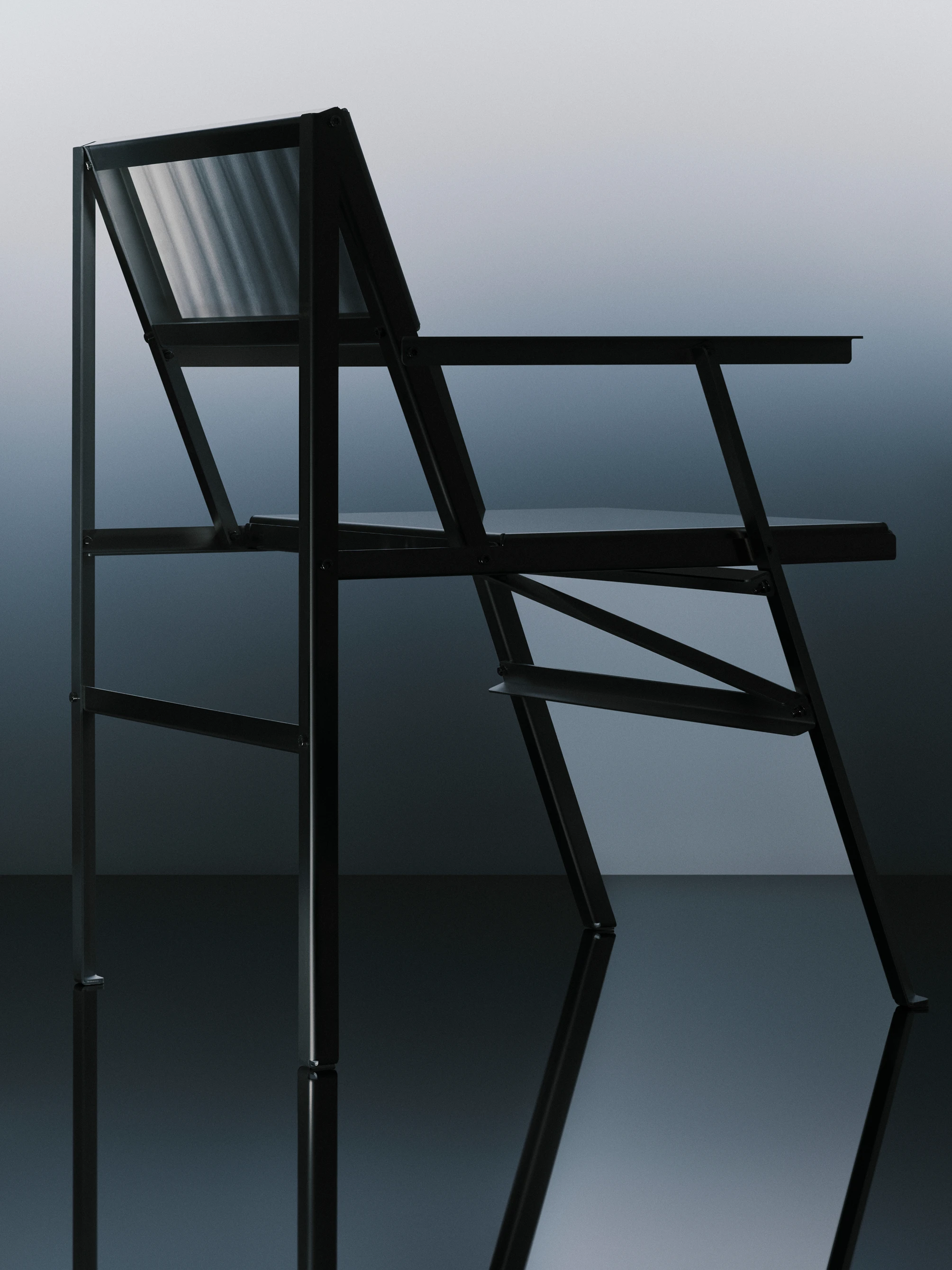 Rohling Armchair Type 1 in matte black uncoated aluminum with bolt-and-nut construction, side profile view