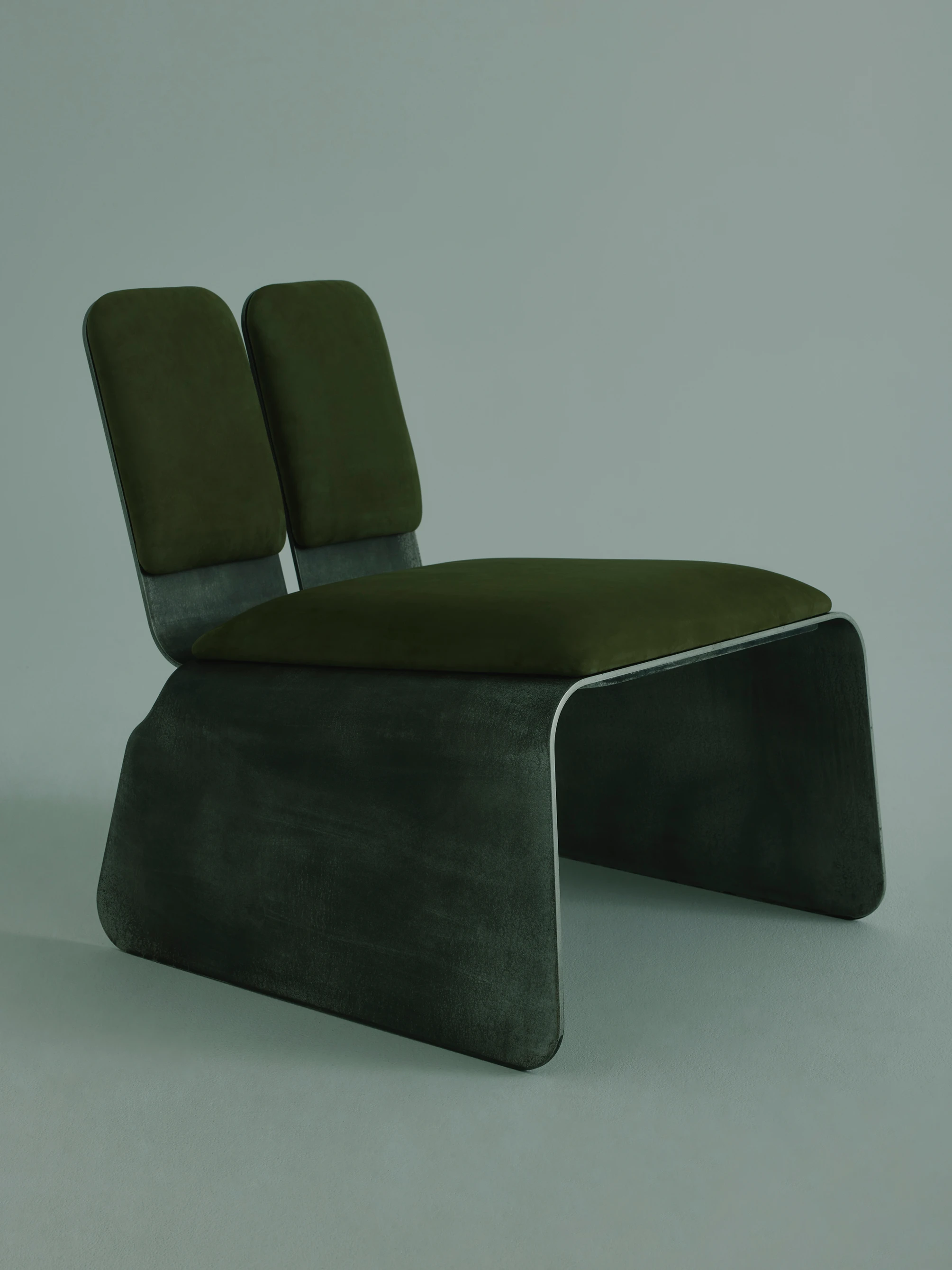 LESORR Rounded Edges lounge chair in olive green velvet with split backrest and curved aluminum base
