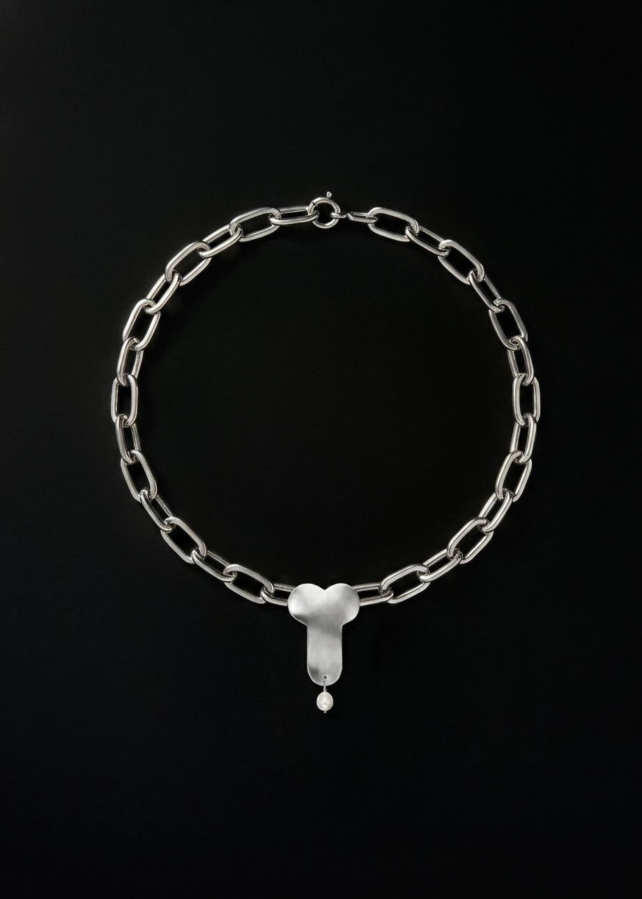 Gksenin Ay Lament collection silver chain necklace with sculptural pendant and pearl drop