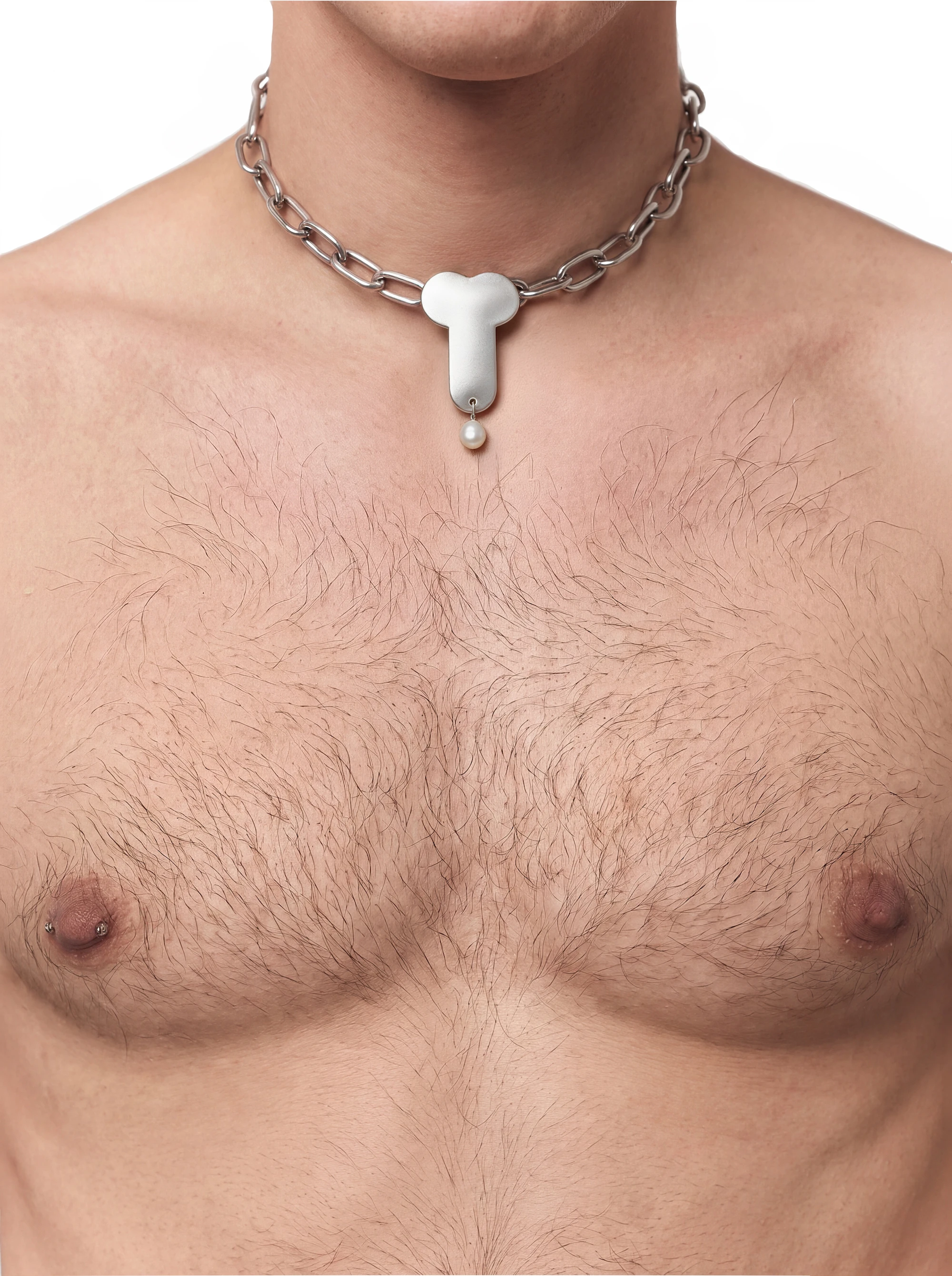 Goksenin Ay silver chain choker necklace with phallic pendant and pearl drop, Lament debut collection