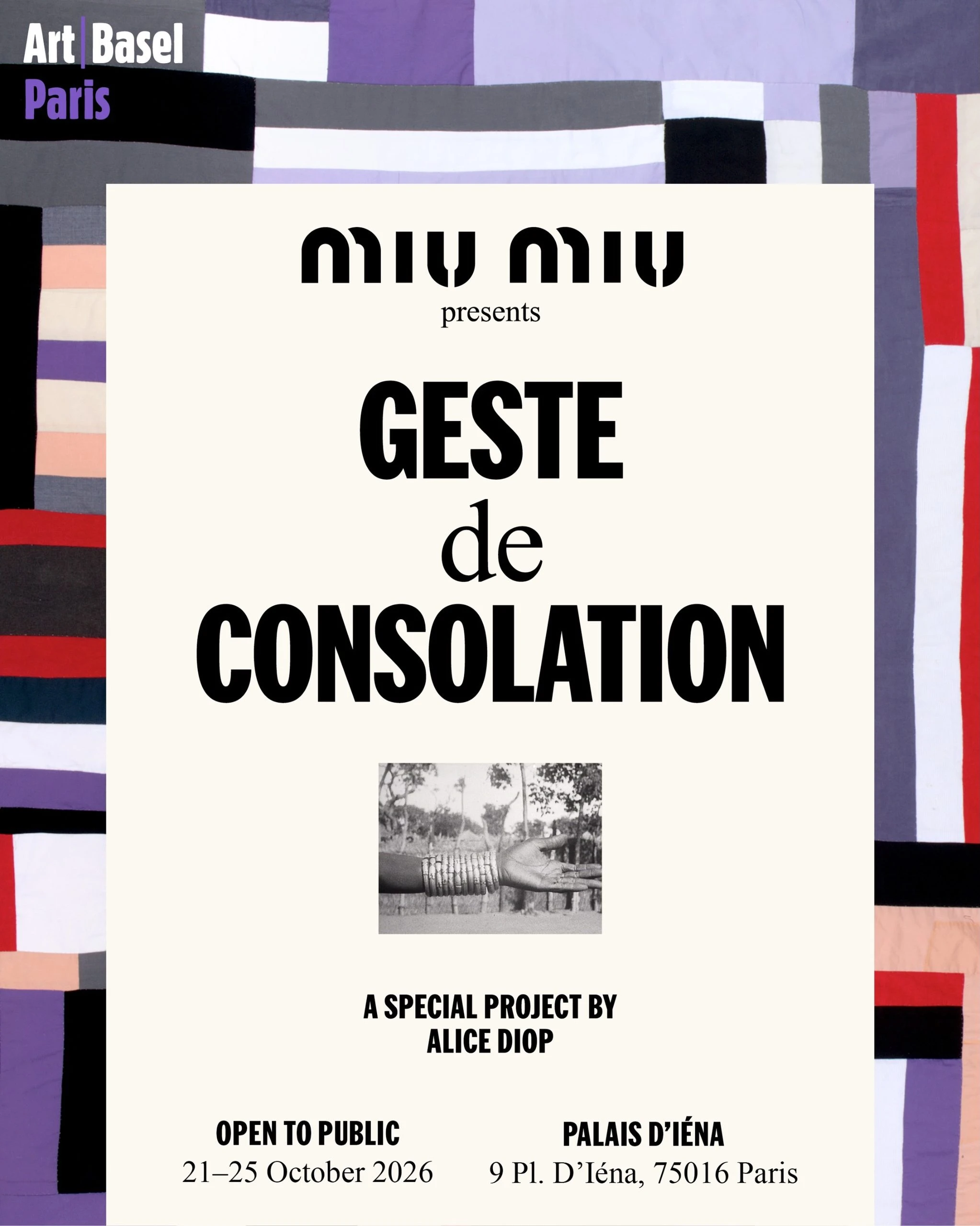 Miu Miu presents Geste de Consolation, a major project by Alice Diop at Art Basel Paris, Palais d'Iena, October 2026