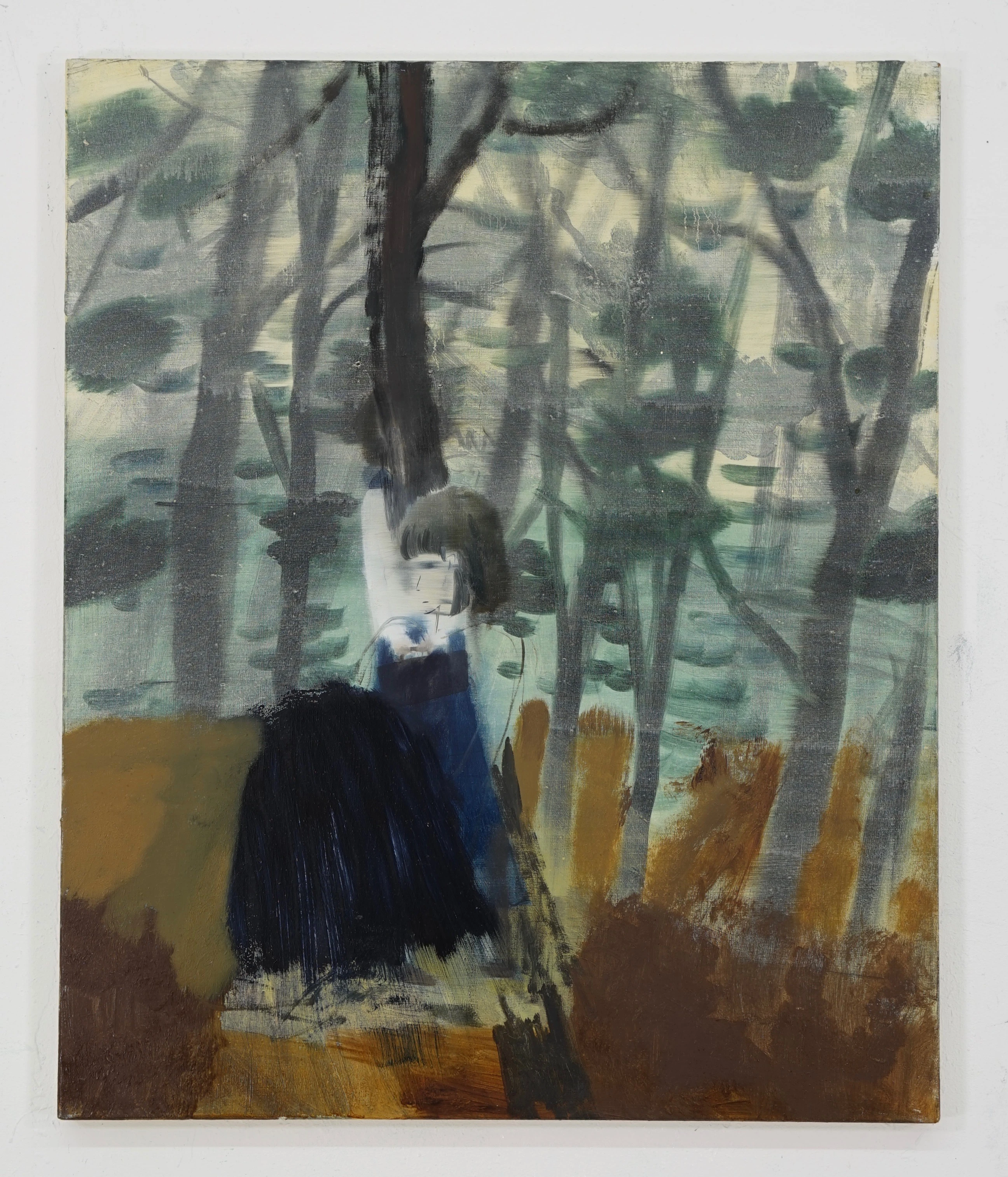 Yu Nishimura, Lonely Girl, 2022 — a solitary figure in a dark dress reaches toward a tree in a misty forest.